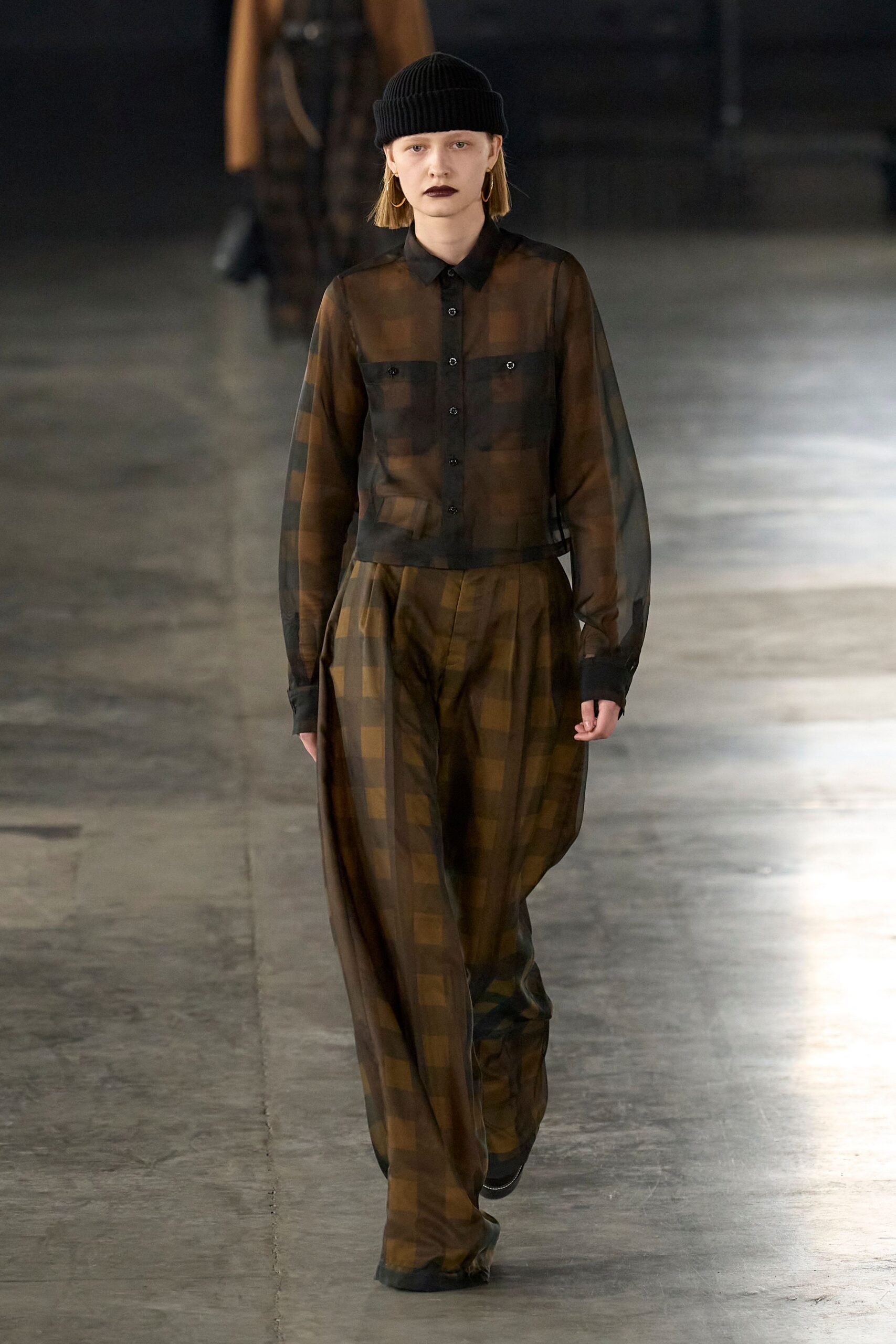 brown cotton long-sleeve collared relaxed checked sheer shirt