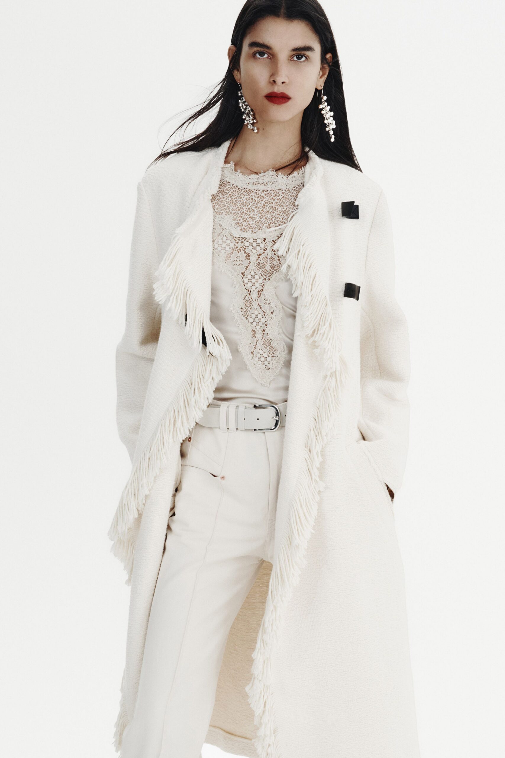 white lace long-sleeve high-neck fitted embroidered blouse