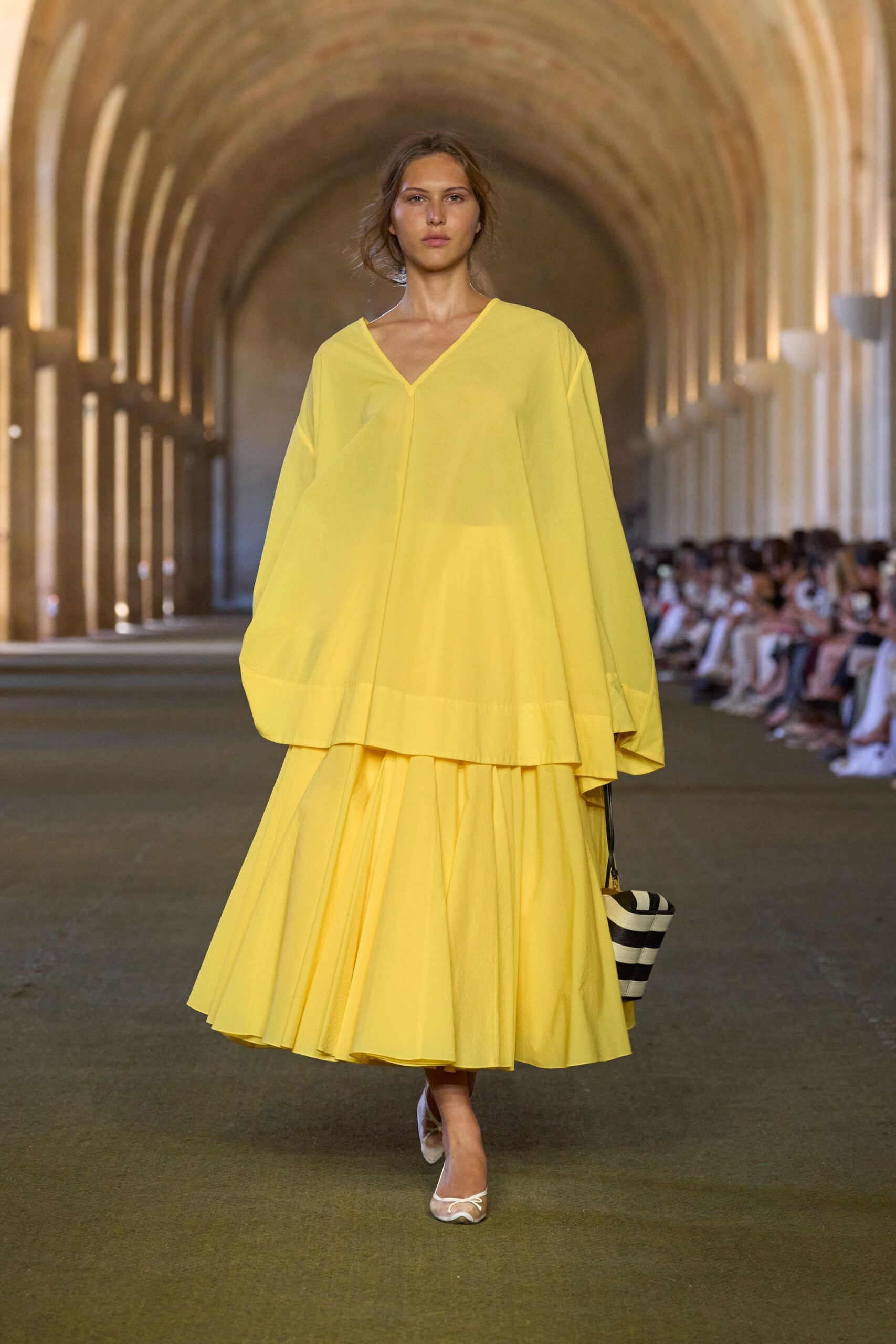 yellow cotton long-sleeve v-neck oversized tiered midi dress