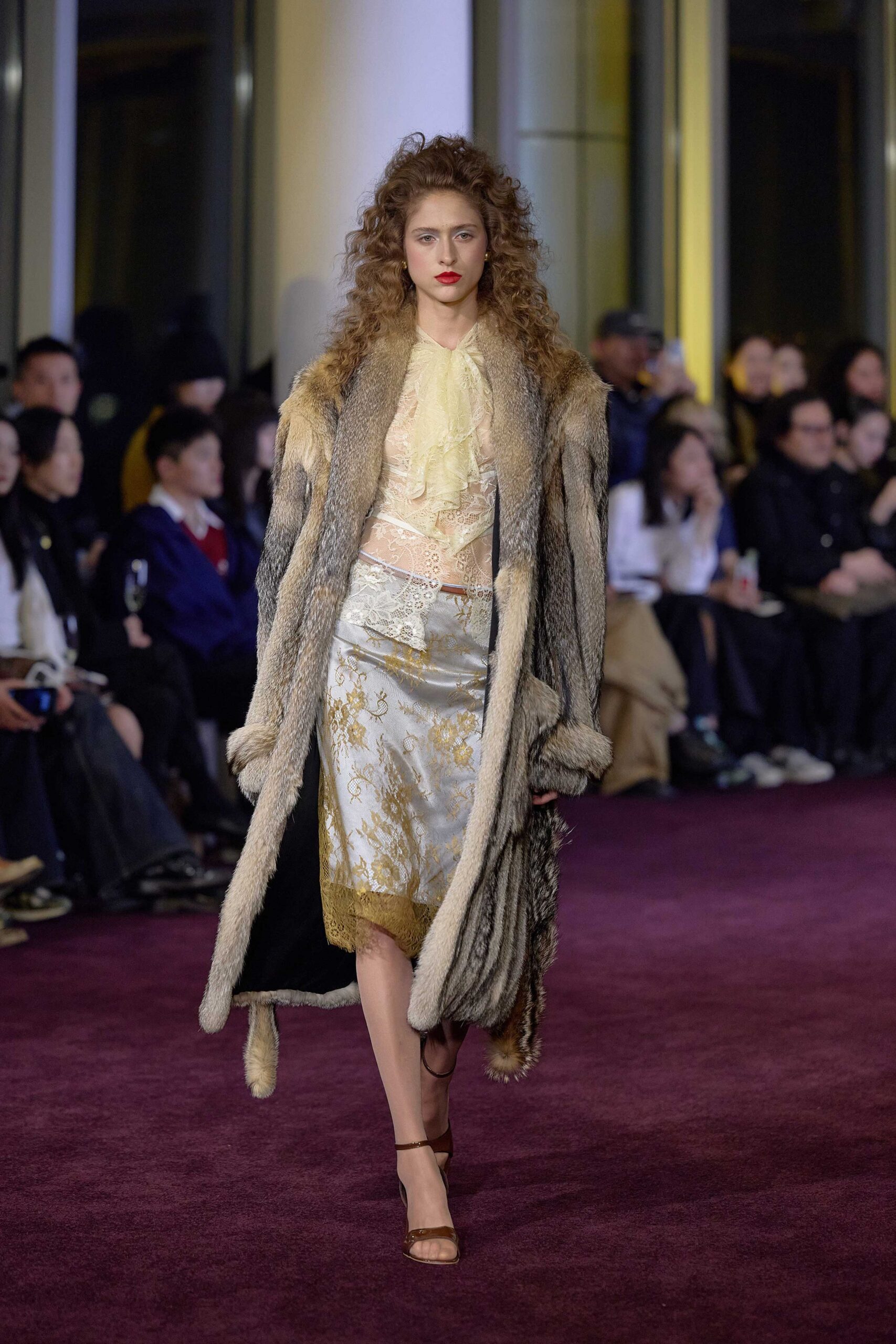 gray fur coat with ivory blouse