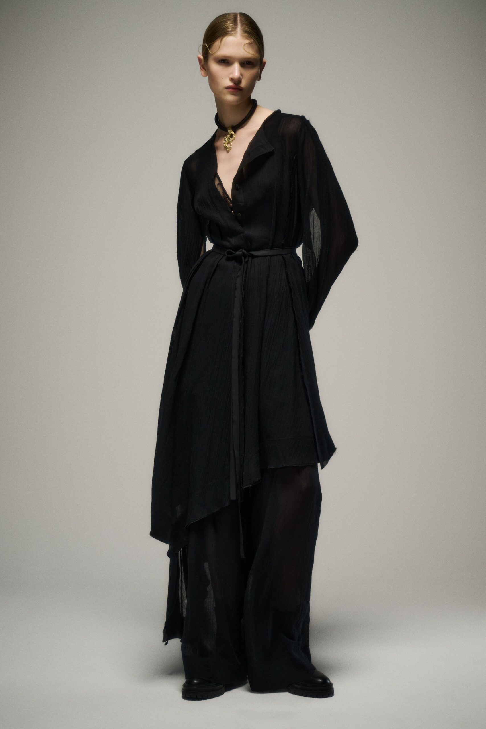 black silk long-sleeve v-neck fitted draped sheer dress