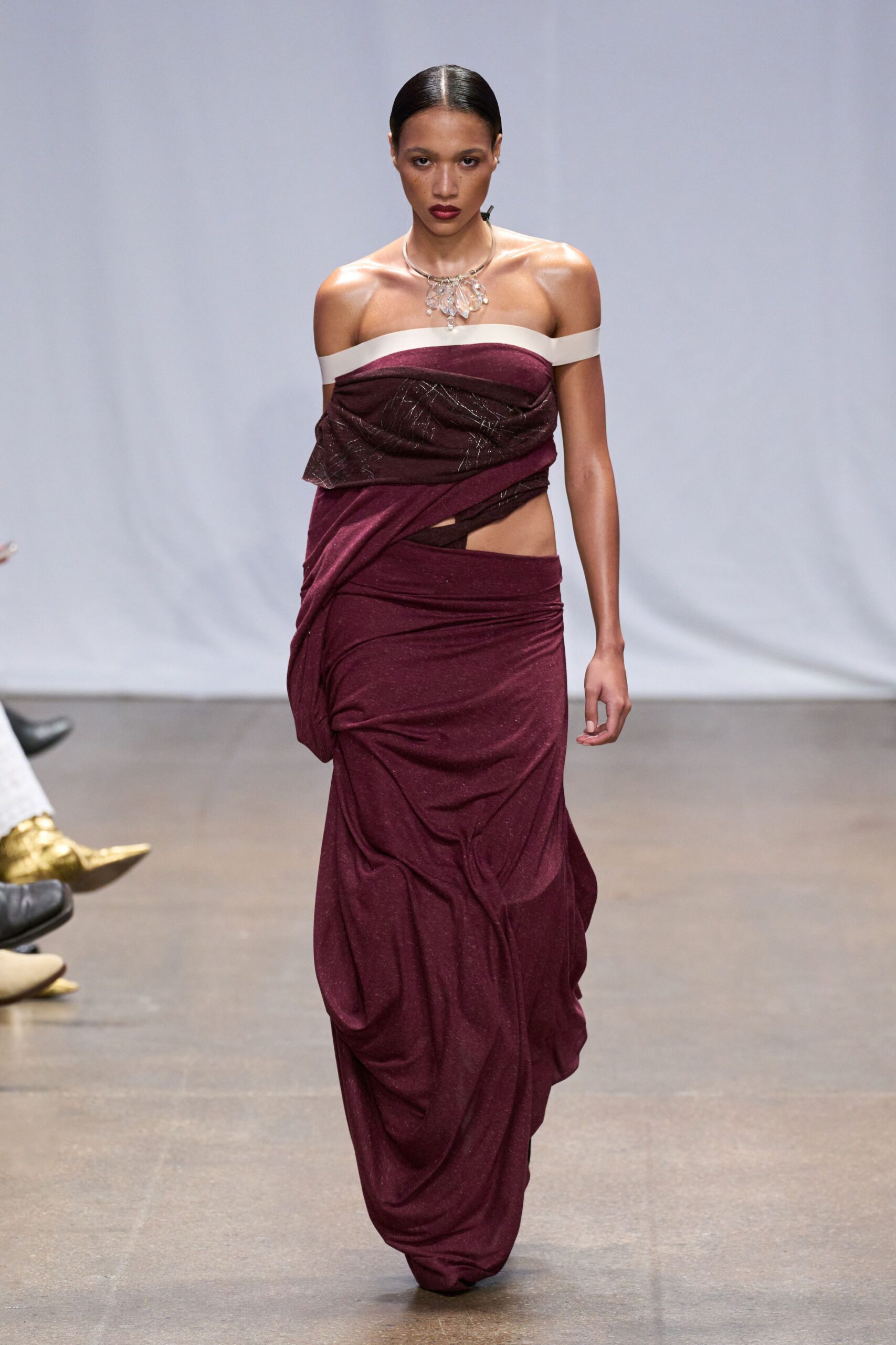 maroon silk strapless gown