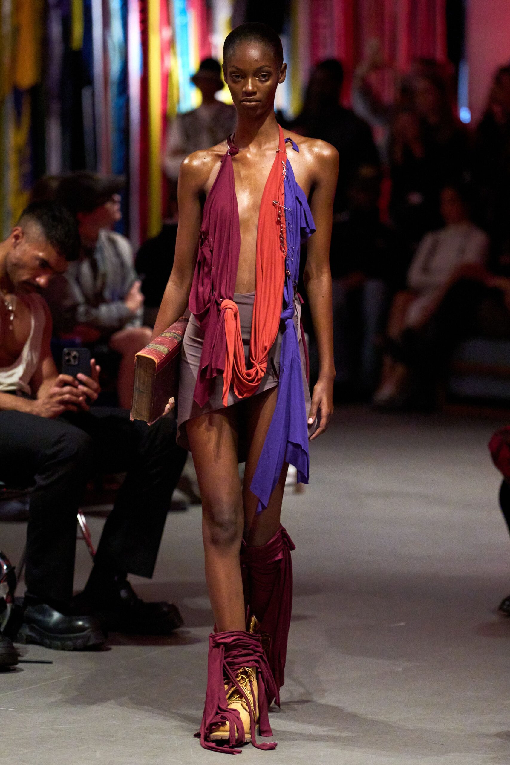 purple and red draped mini dress