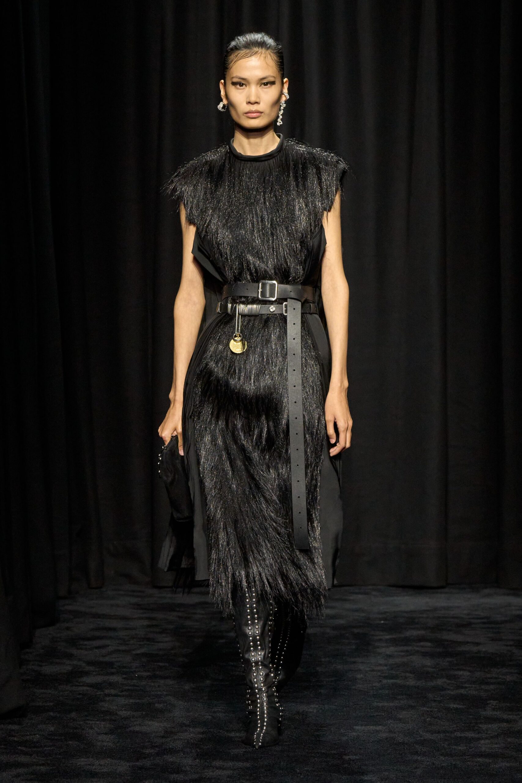 black fur belted midi dress