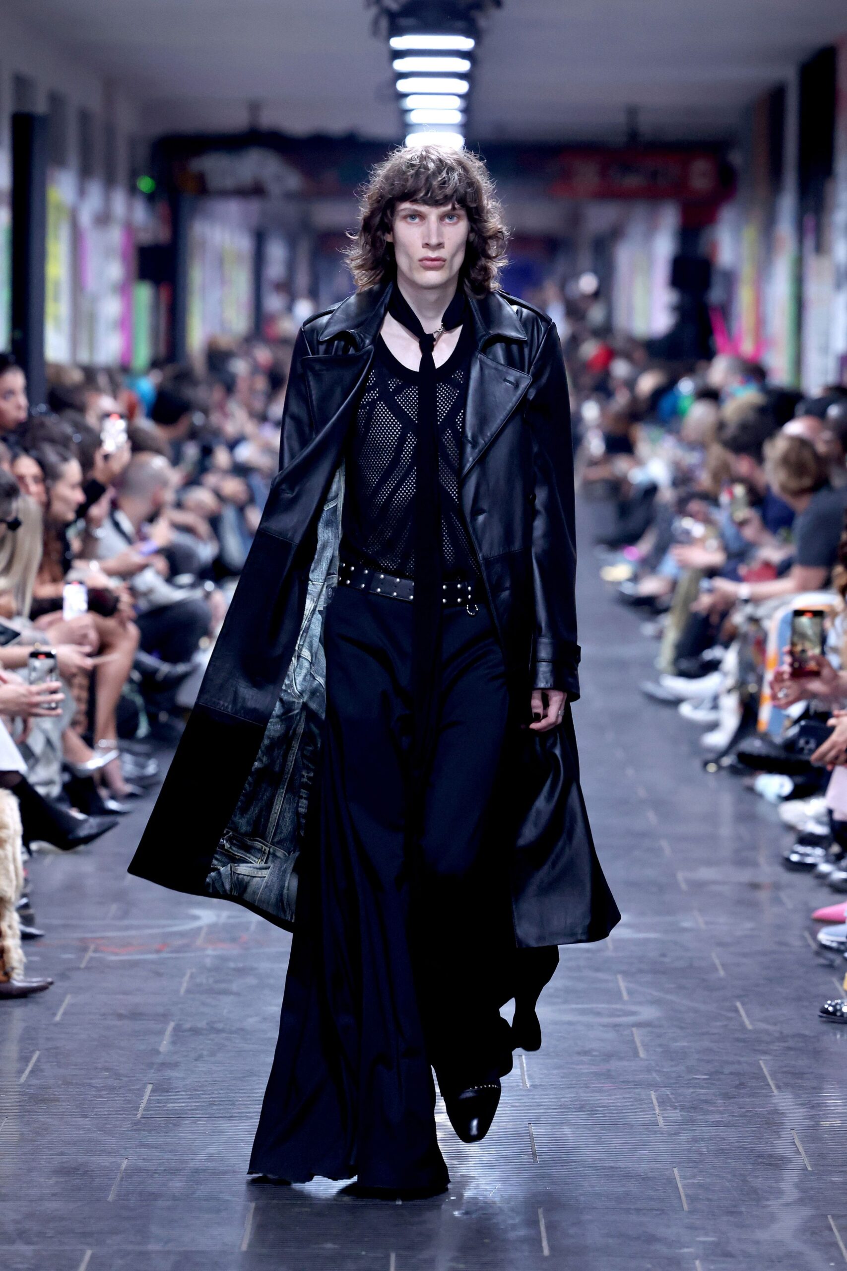 black leather long-sleeve collared fitted draped maxi coat