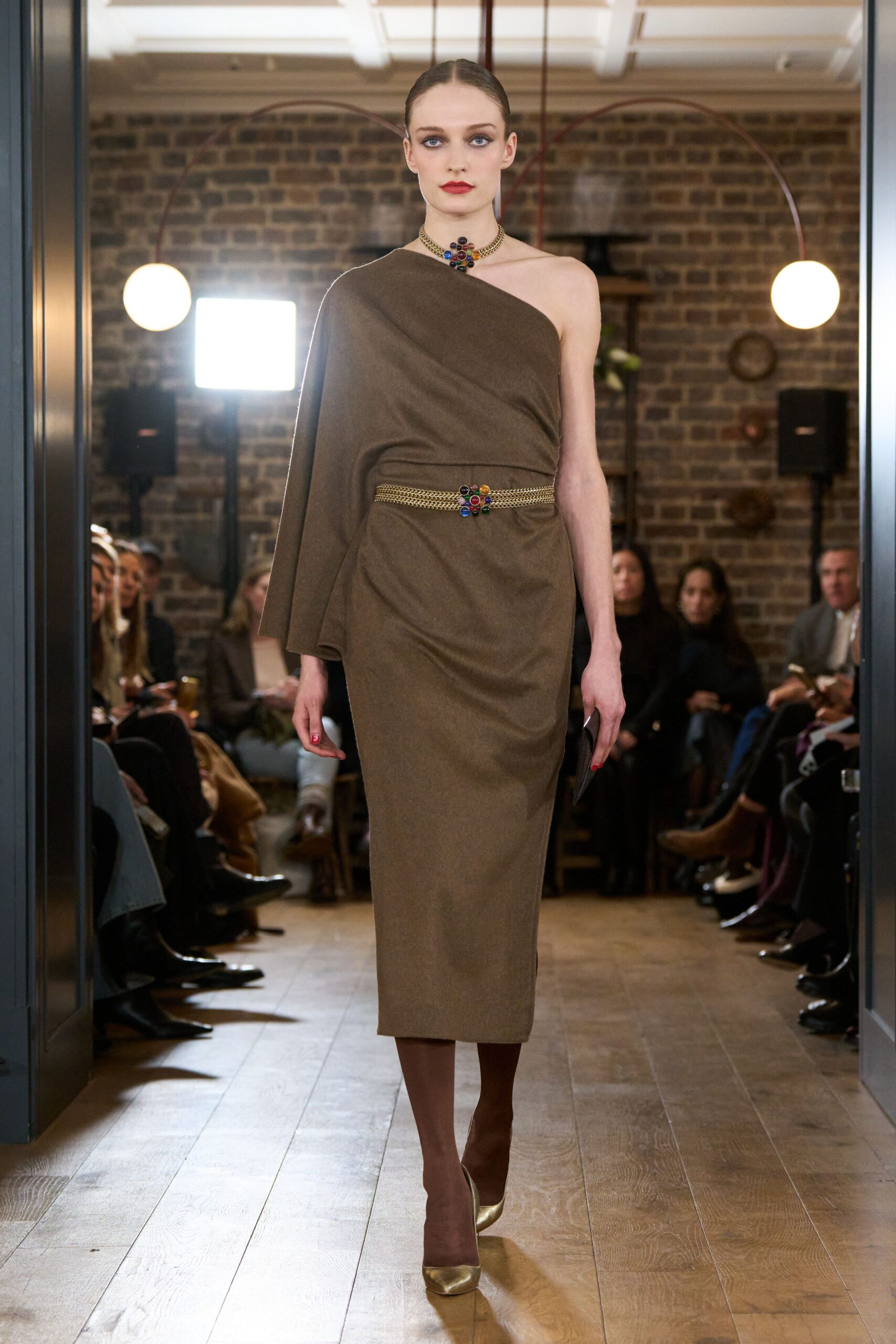 brown wool sleeveless asymmetric fitted belted midi dress