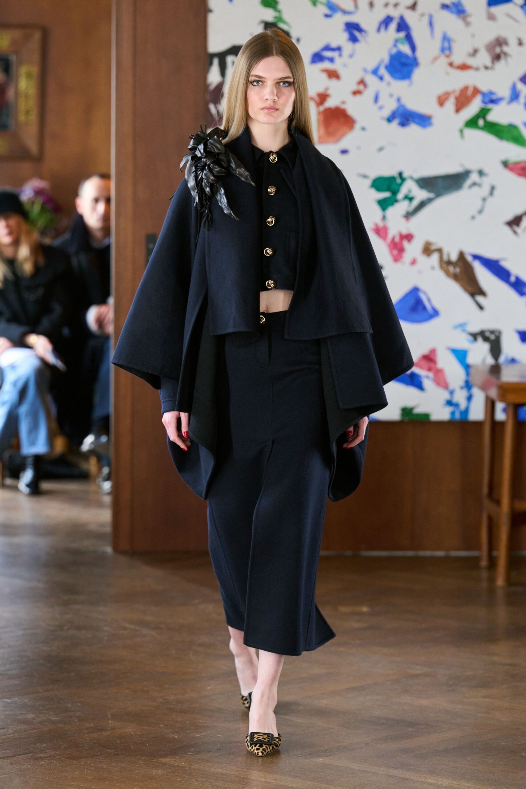 black wool long-sleeve collared structured buttoned cape