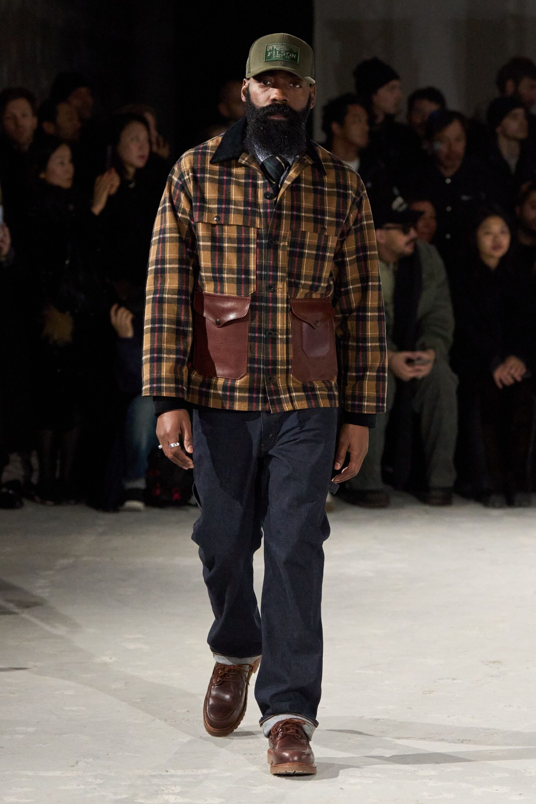 checked jacket with denim pants
