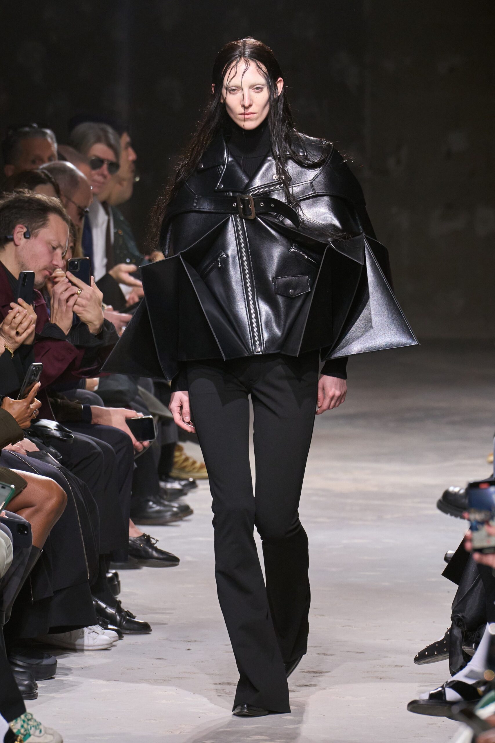 black leather long-sleeve collared structured pleated top