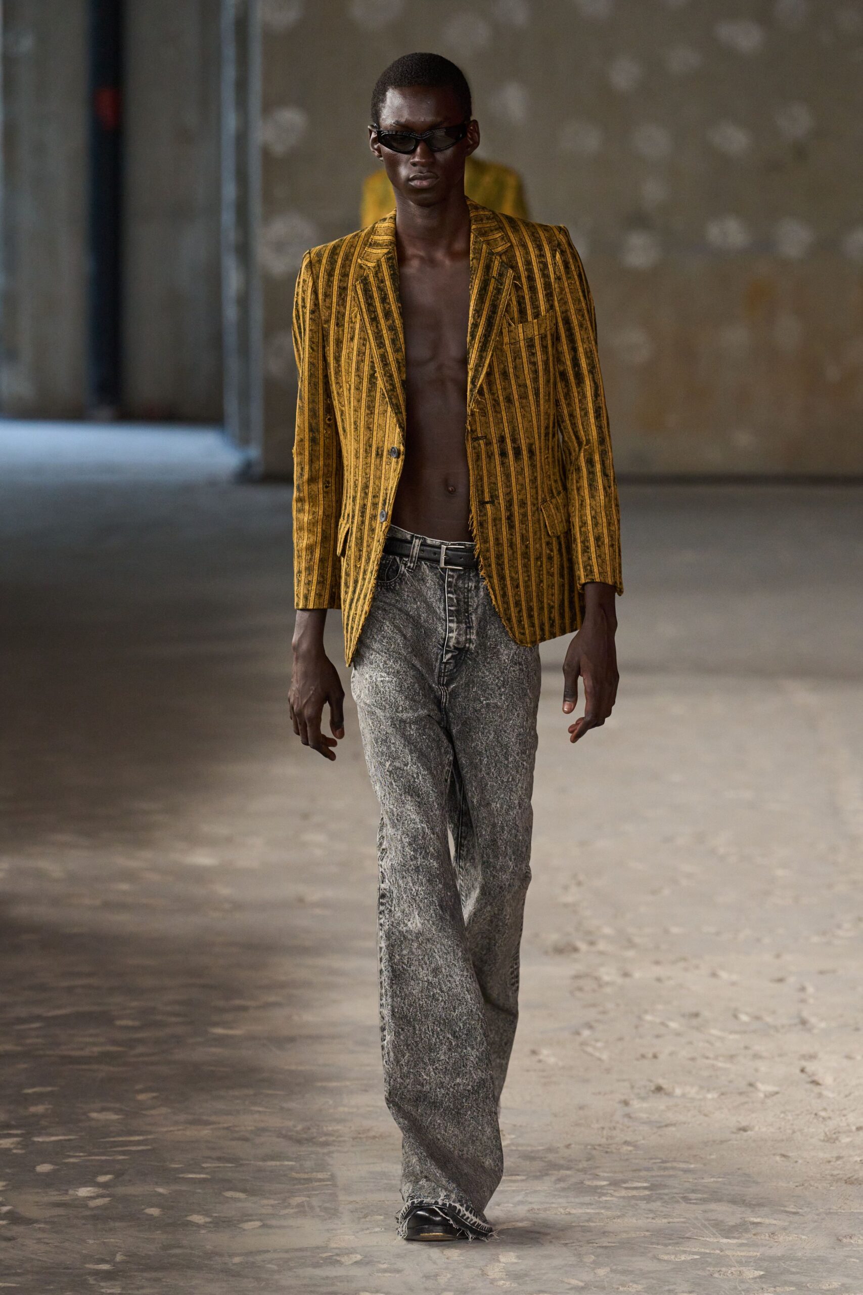 yellow striped blazer with gray pants