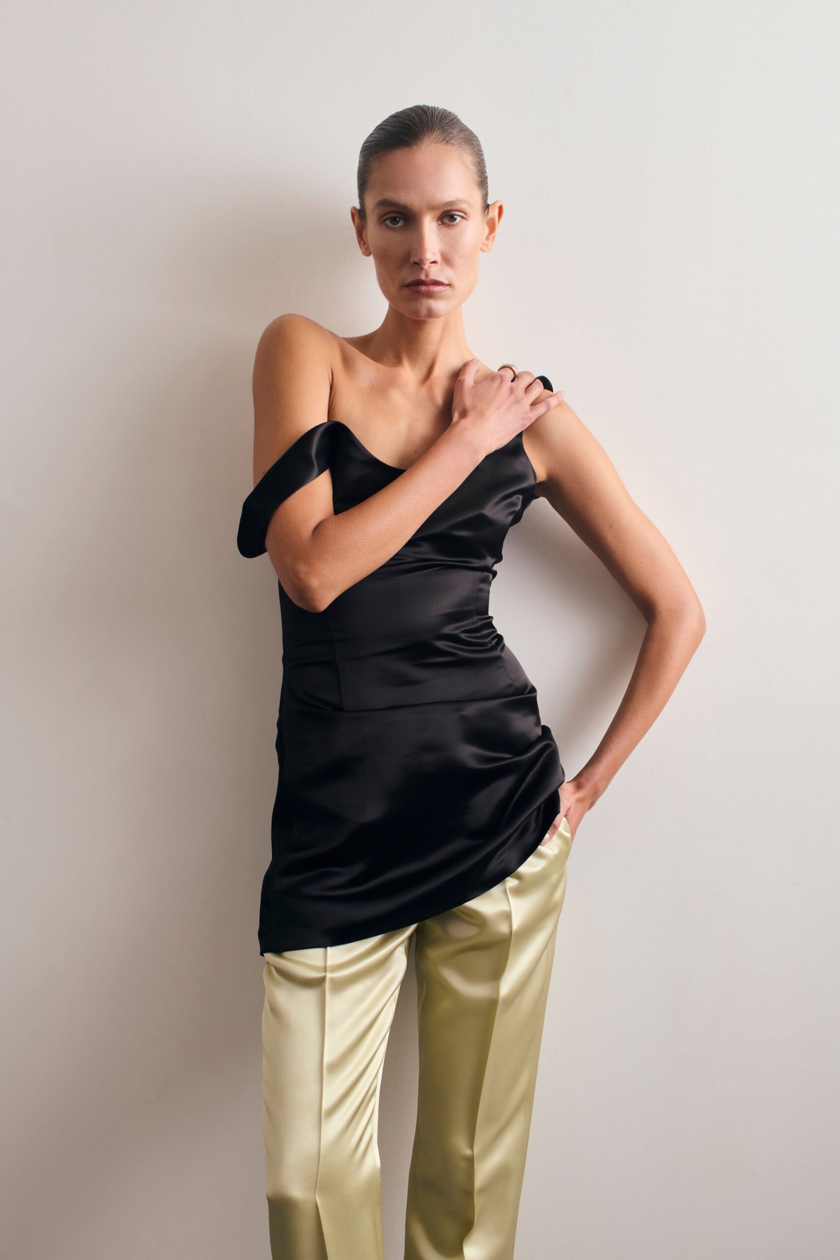 yellow satin relaxed straight-leg pants