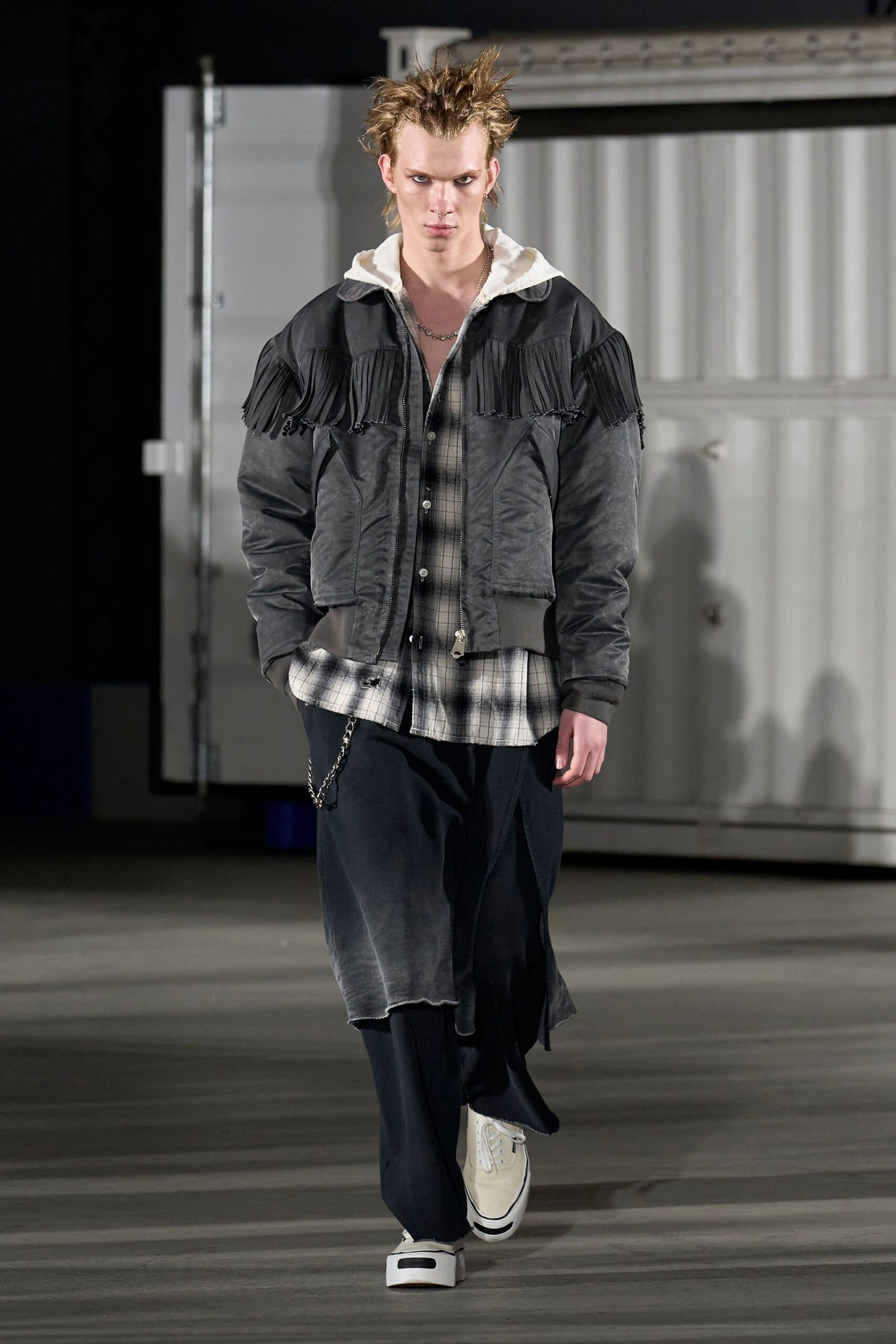 gray fringed jacket with relaxed shirt