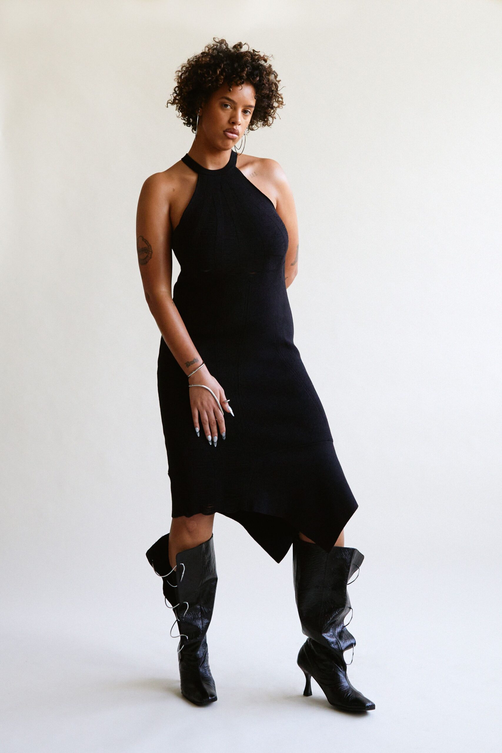 black knit sleeveless high-neck fitted midi dress
