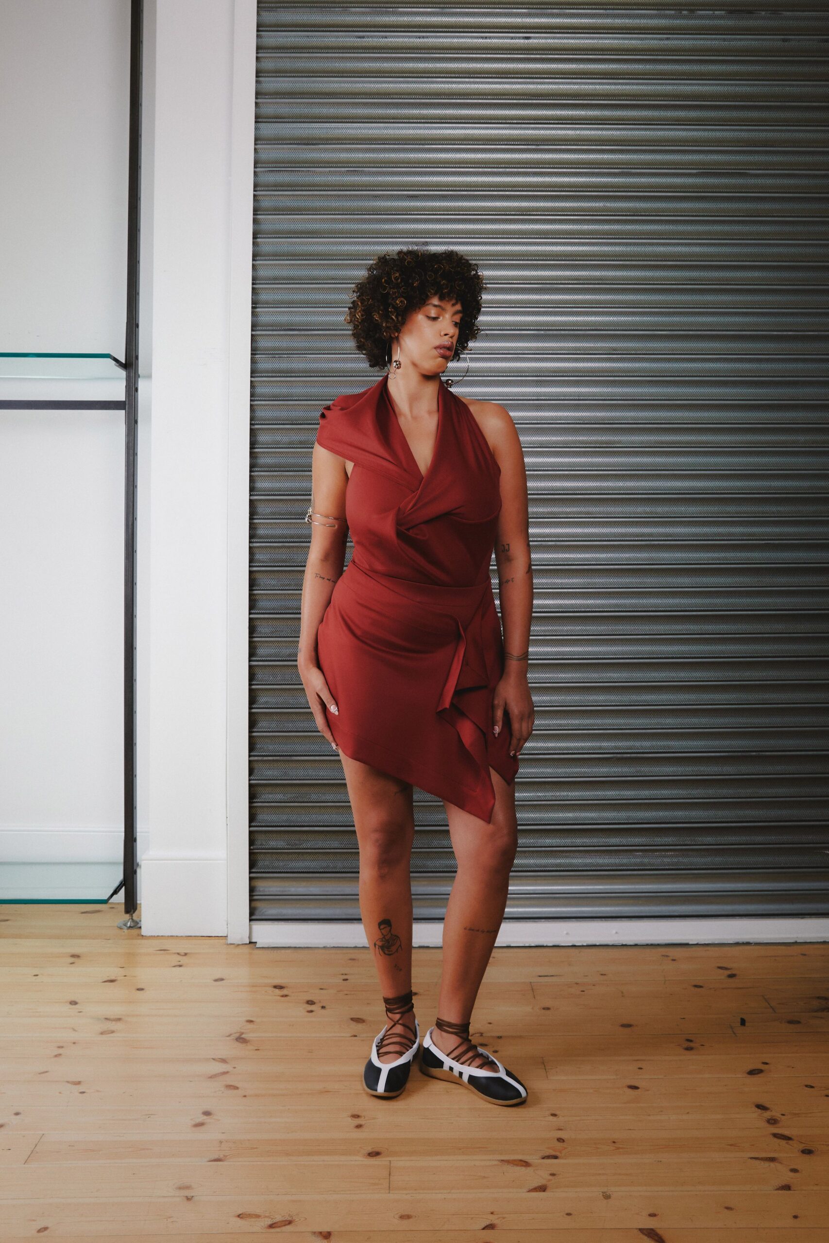 red silk sleeveless wrap fitted mini dress