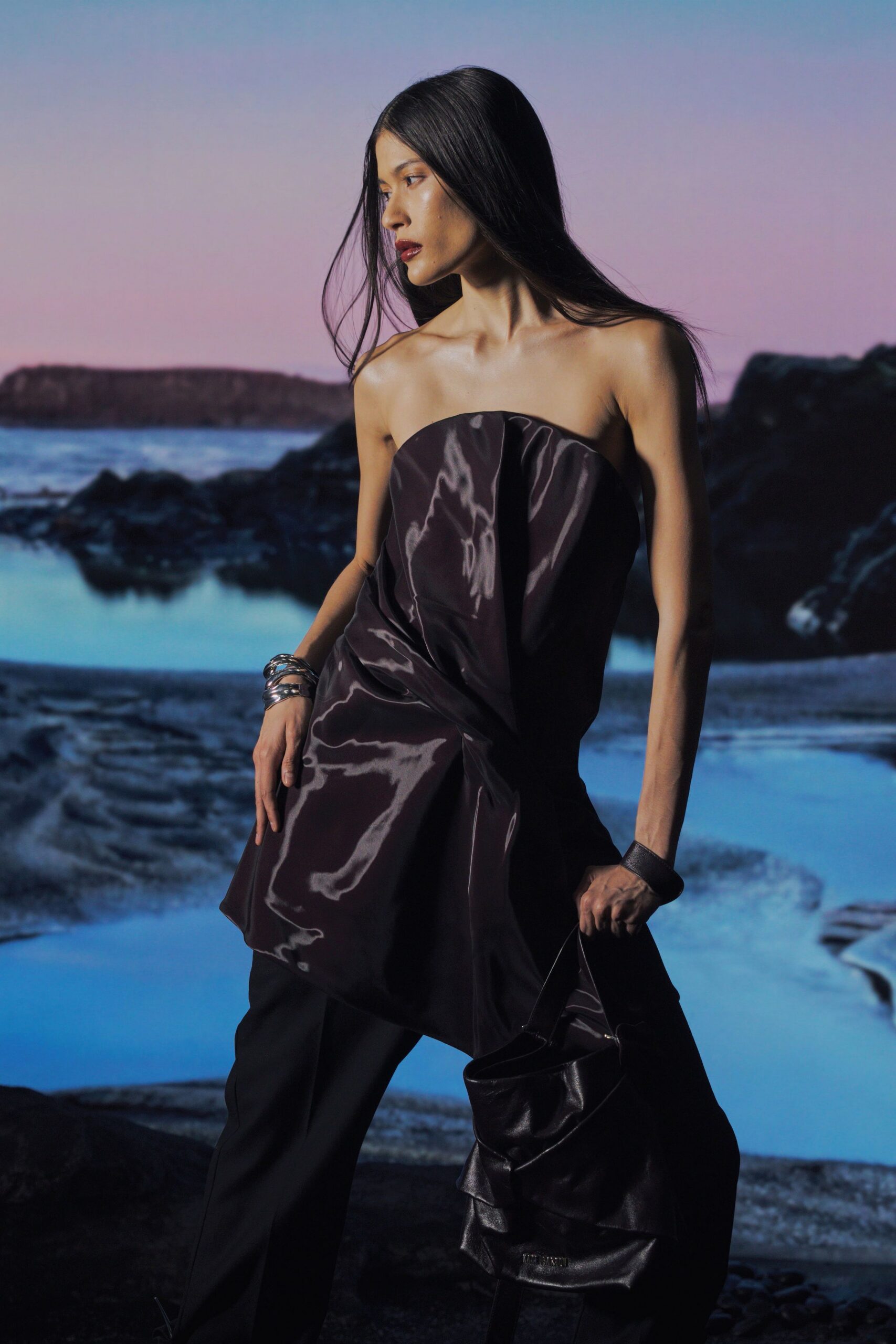 purple silk strapless fitted draped shiny top