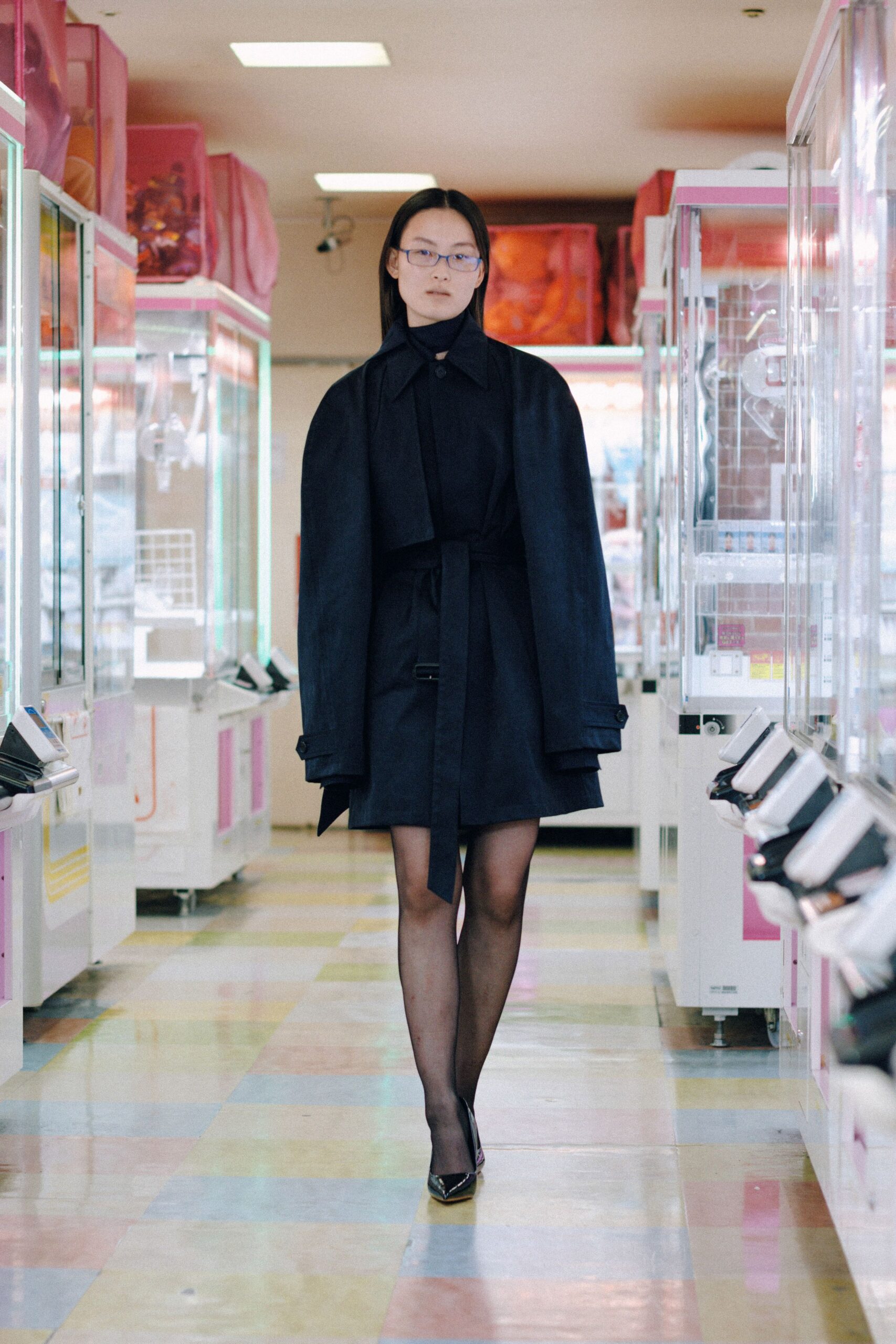 black wool long-sleeve collared fitted a-line mini dress