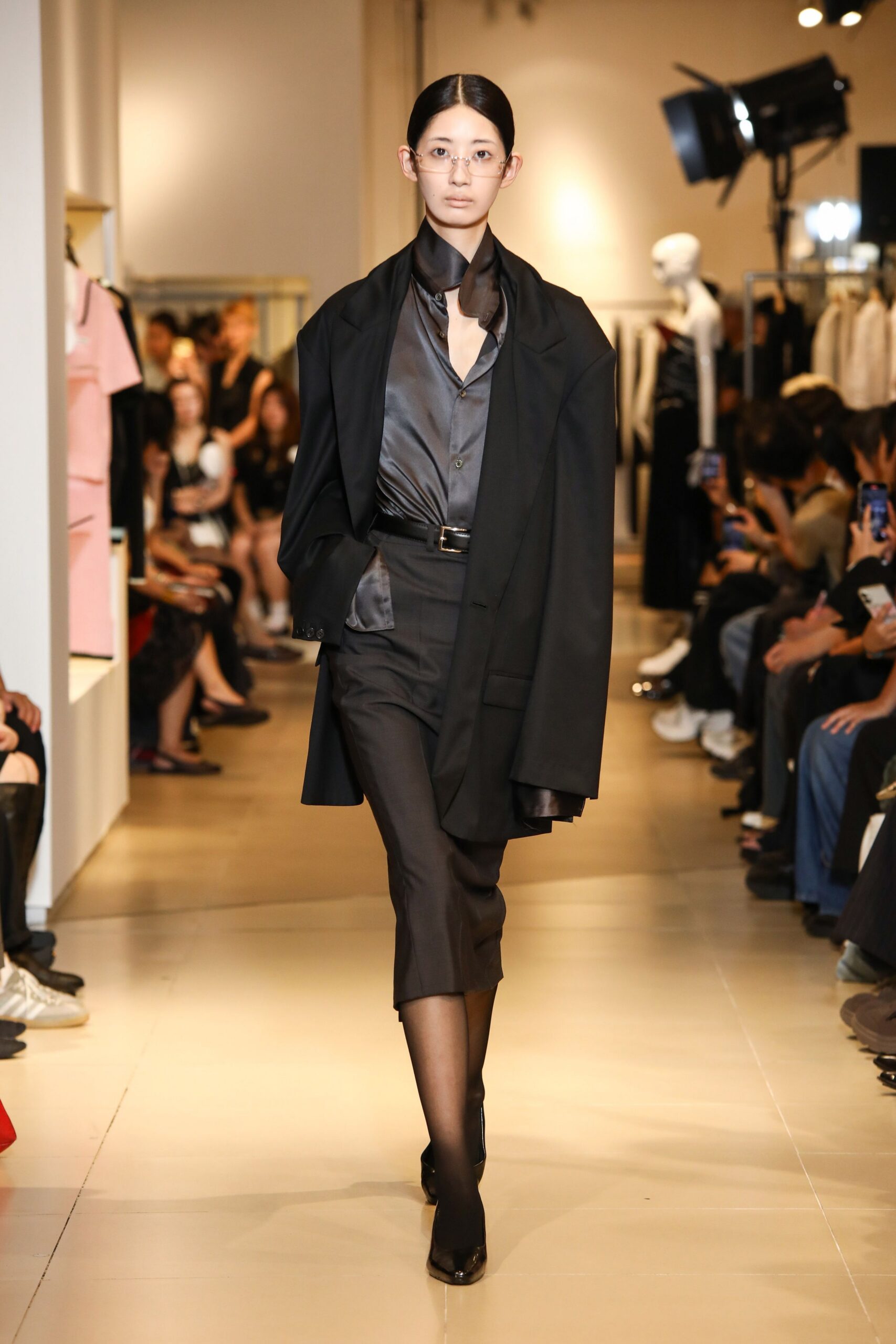black silk tailored high-waisted straight-leg pants