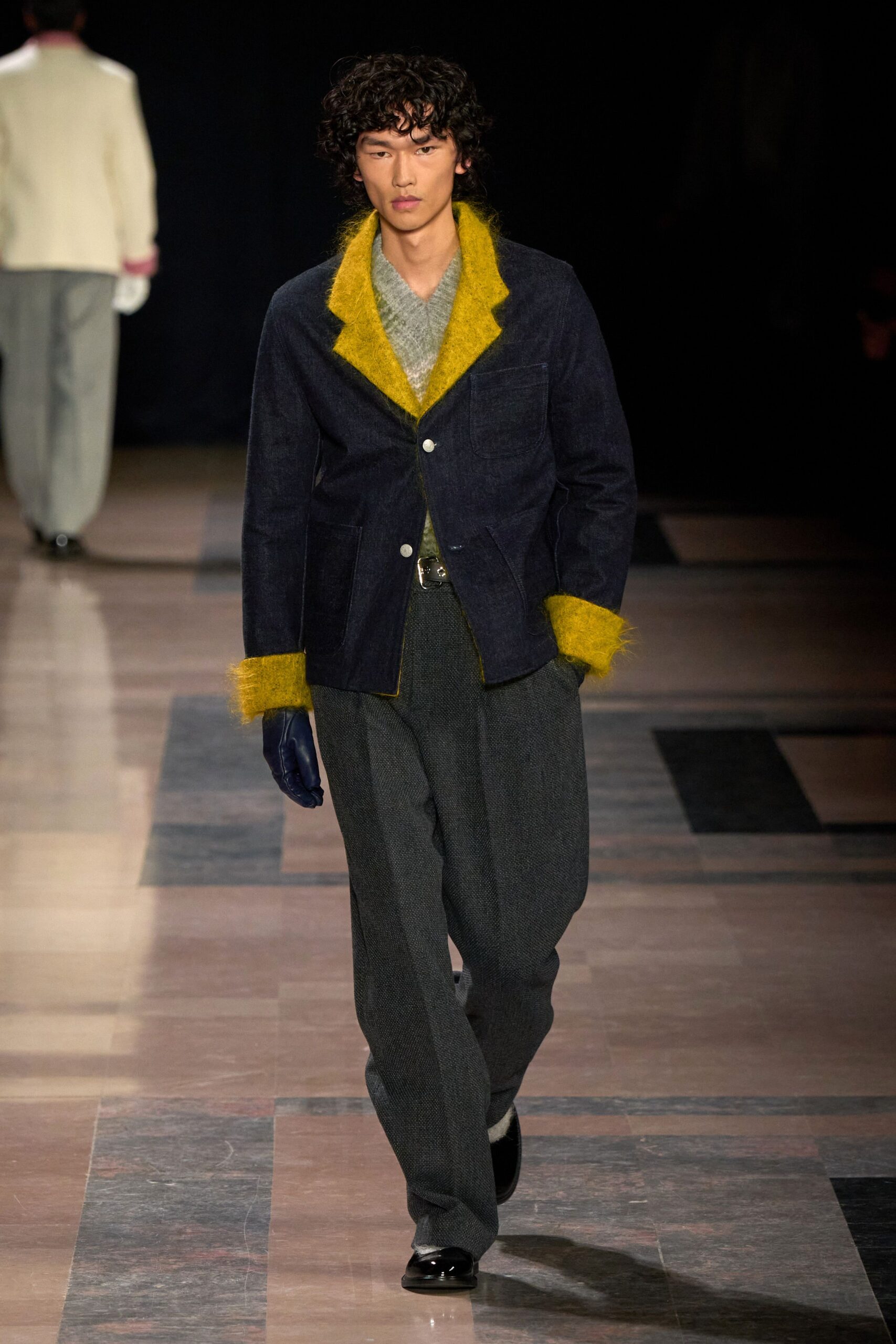 blue denim long-sleeve collared tailored buttoned jacket