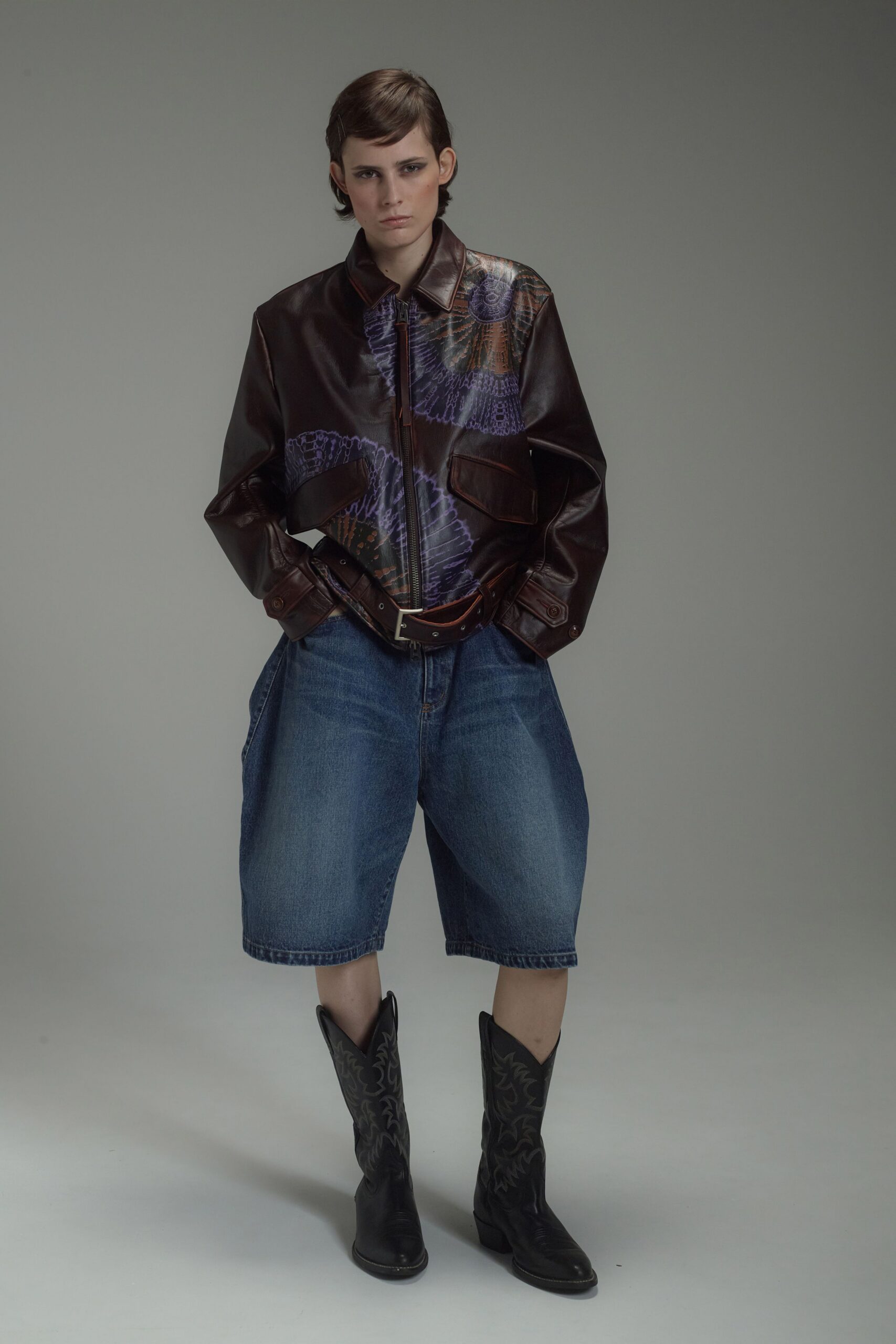 brown leather long-sleeve collared relaxed printed jacket