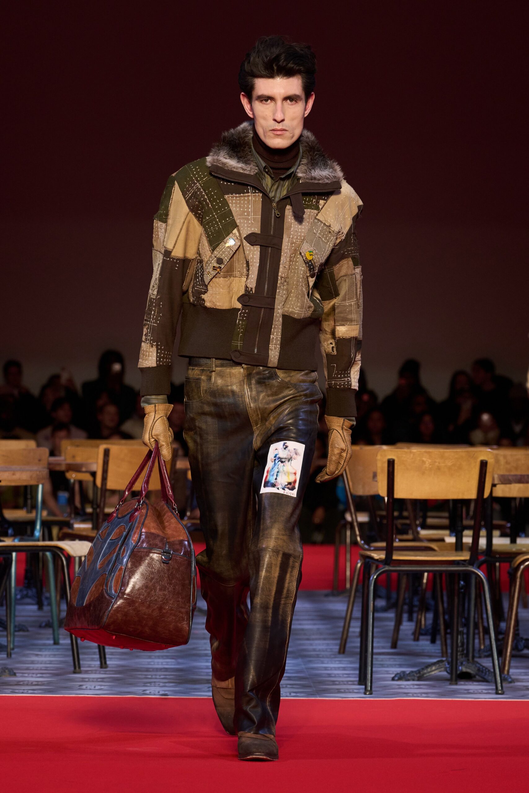 brown leather long-sleeve collared fitted patchwork fringed jacket