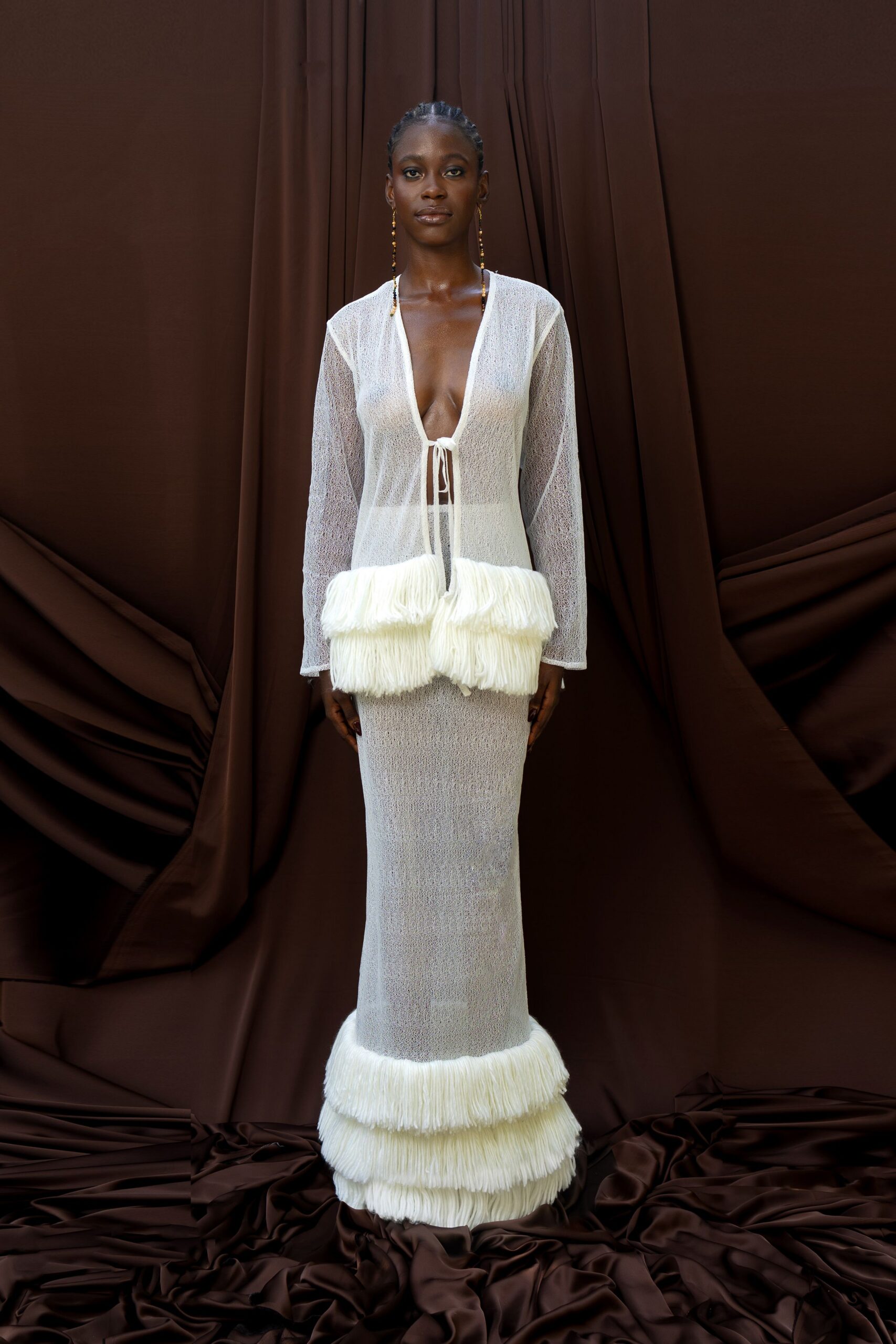 white mesh fringed maxi dress
