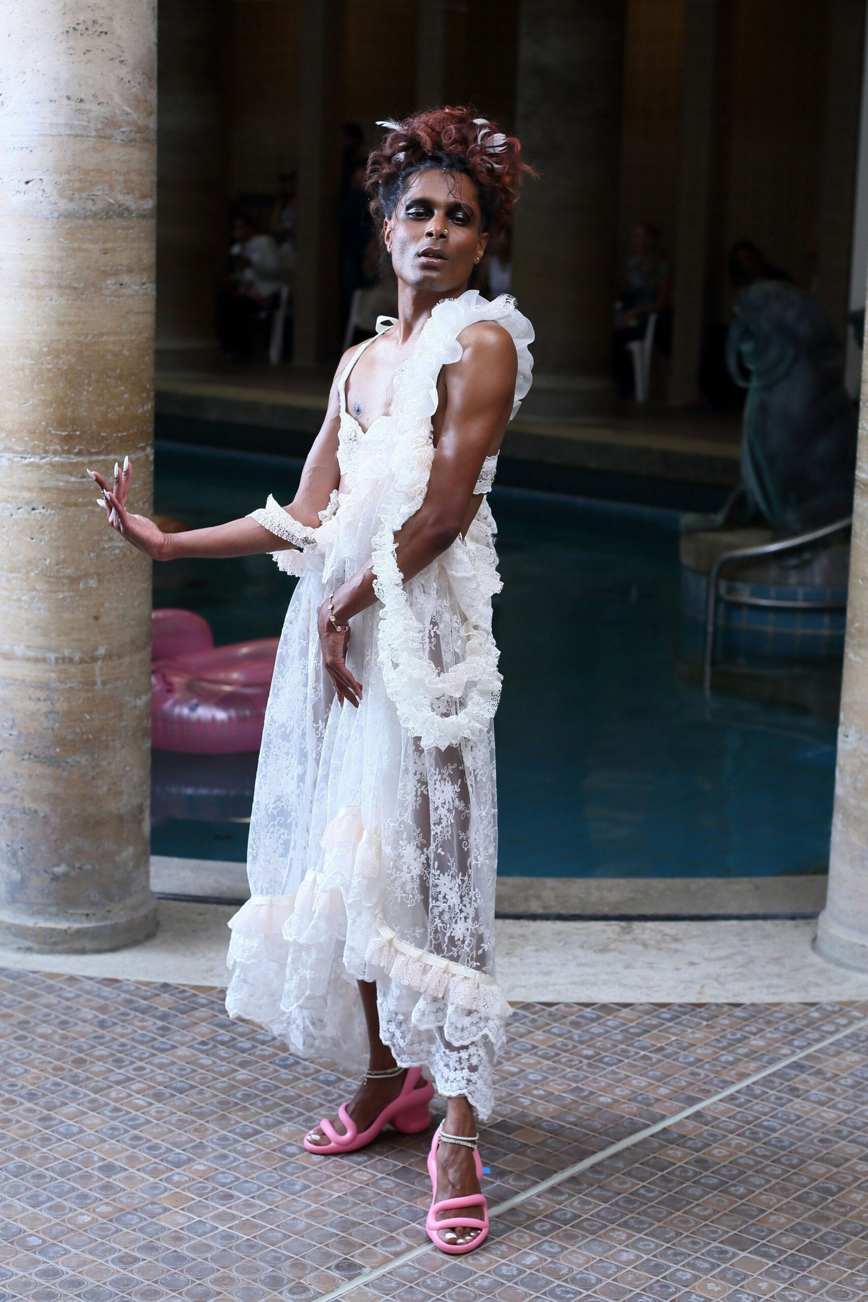 white lace sleeveless v-neck fitted ruffled layered dress