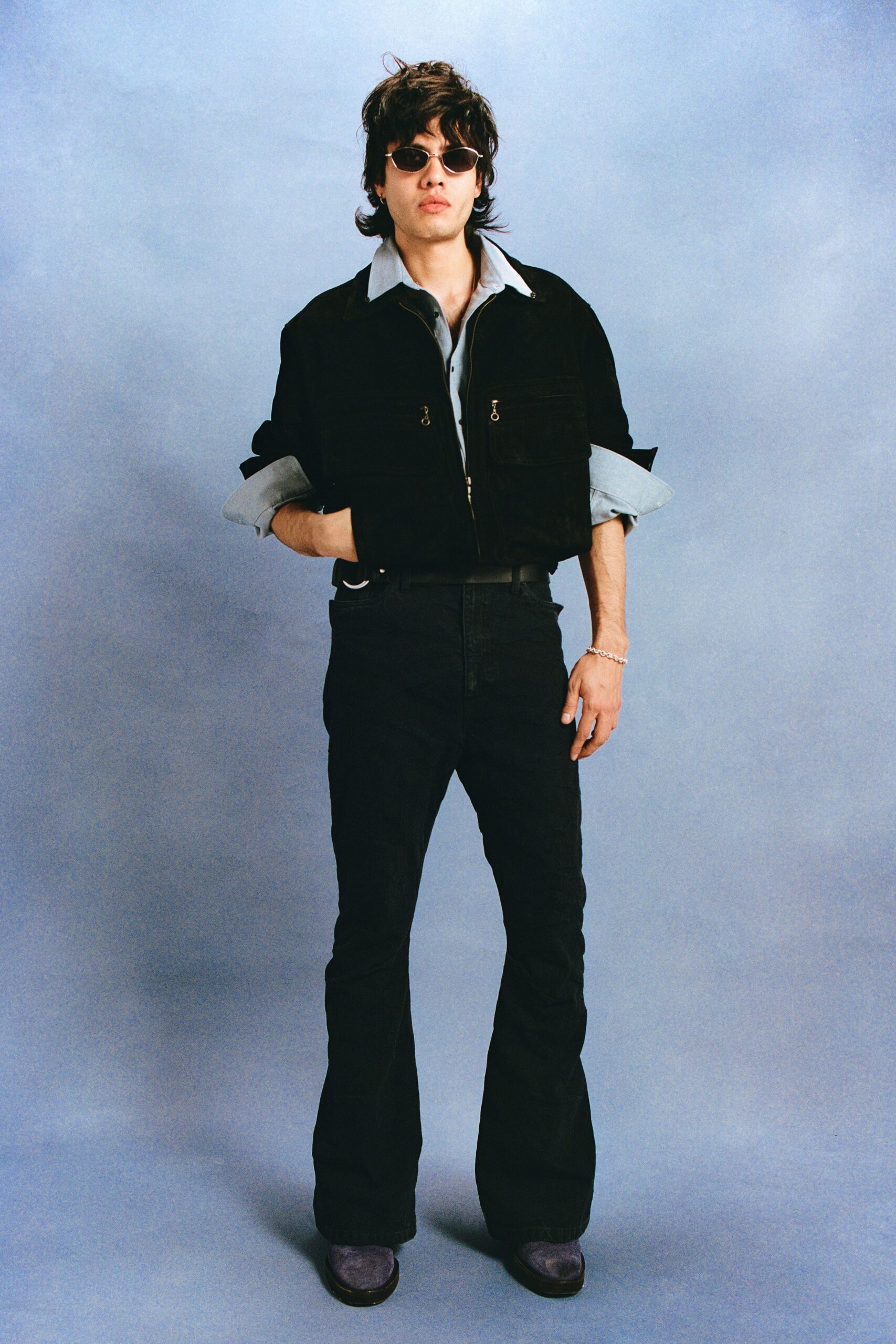 black suede short-sleeve fitted zippered jacket