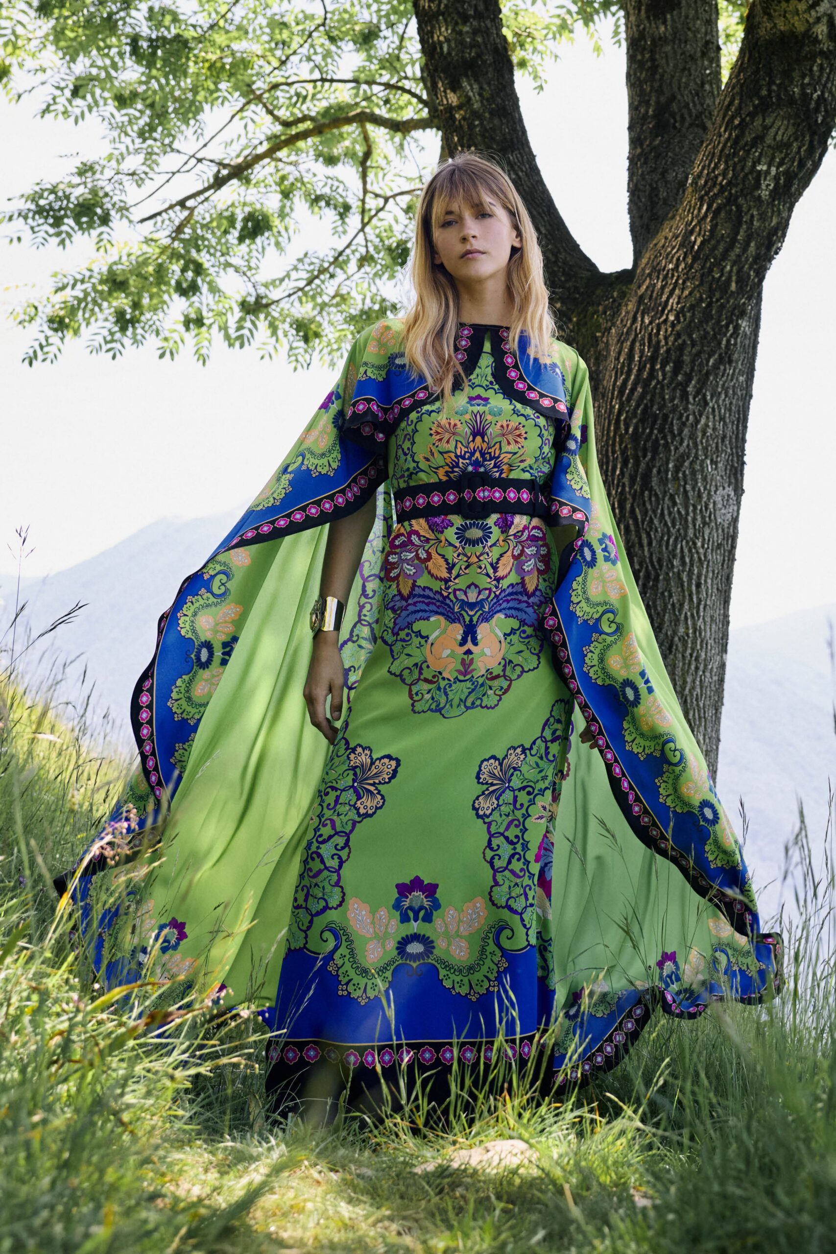 green silk oversized layered cape