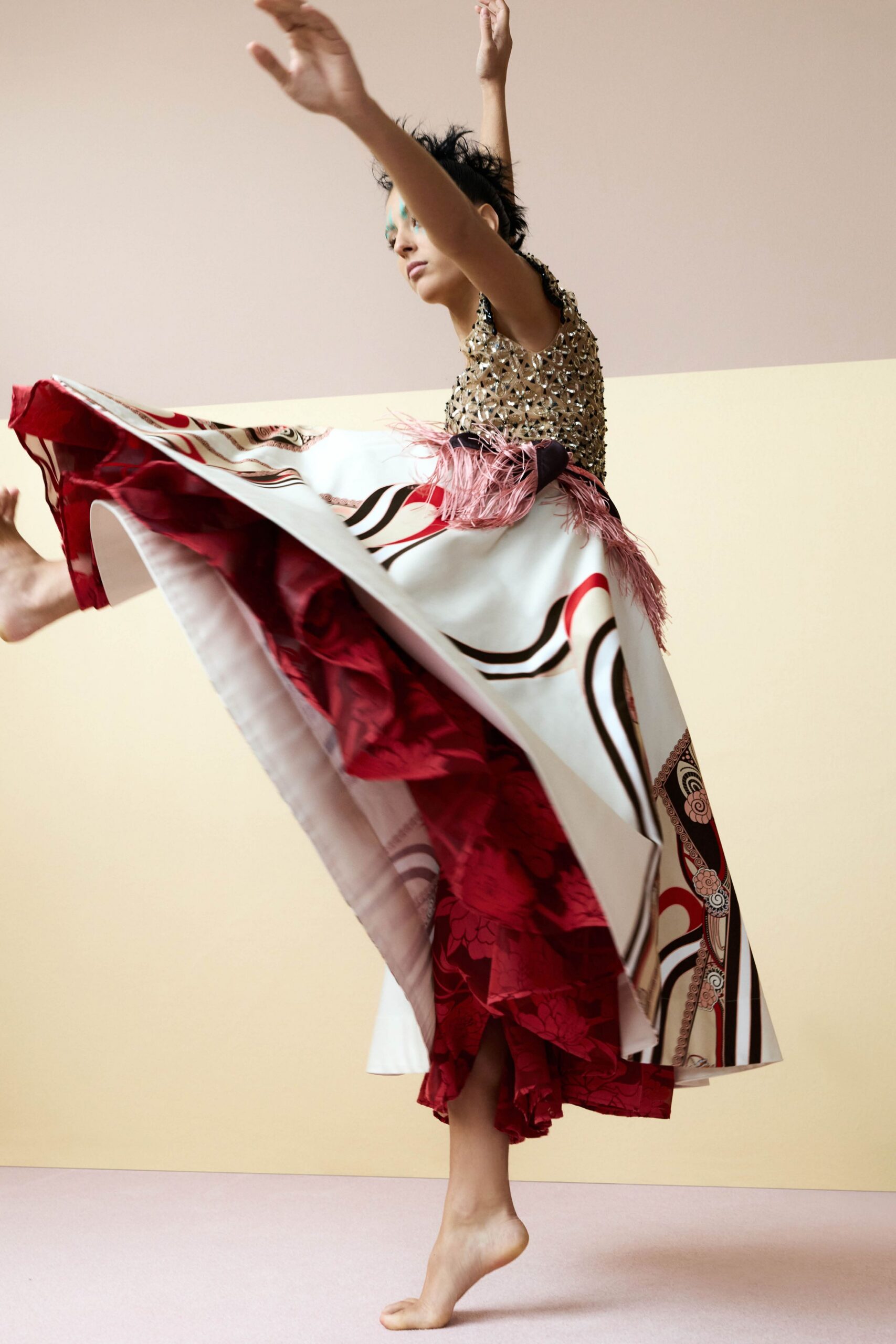 white and red pleated midi dress