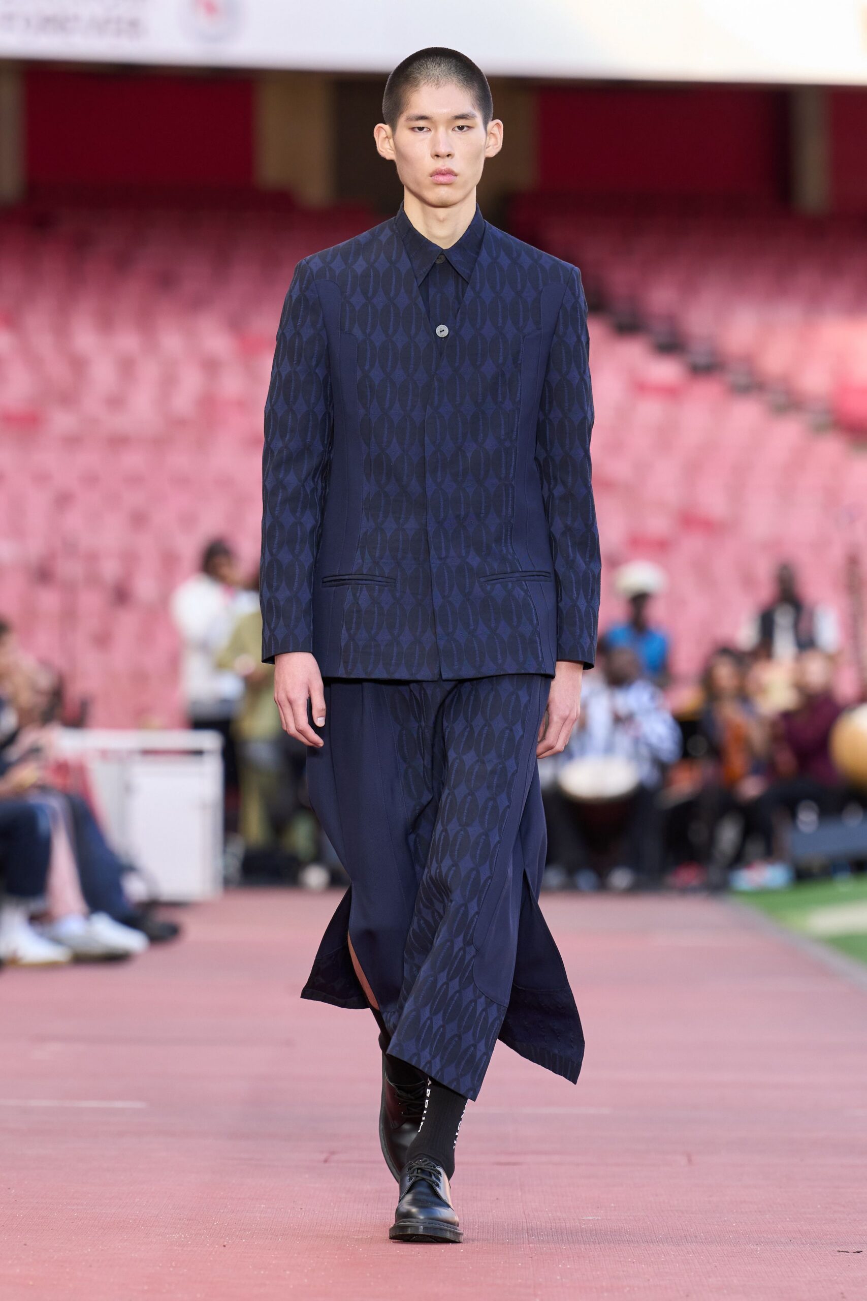 blue printed suit with relaxed pants