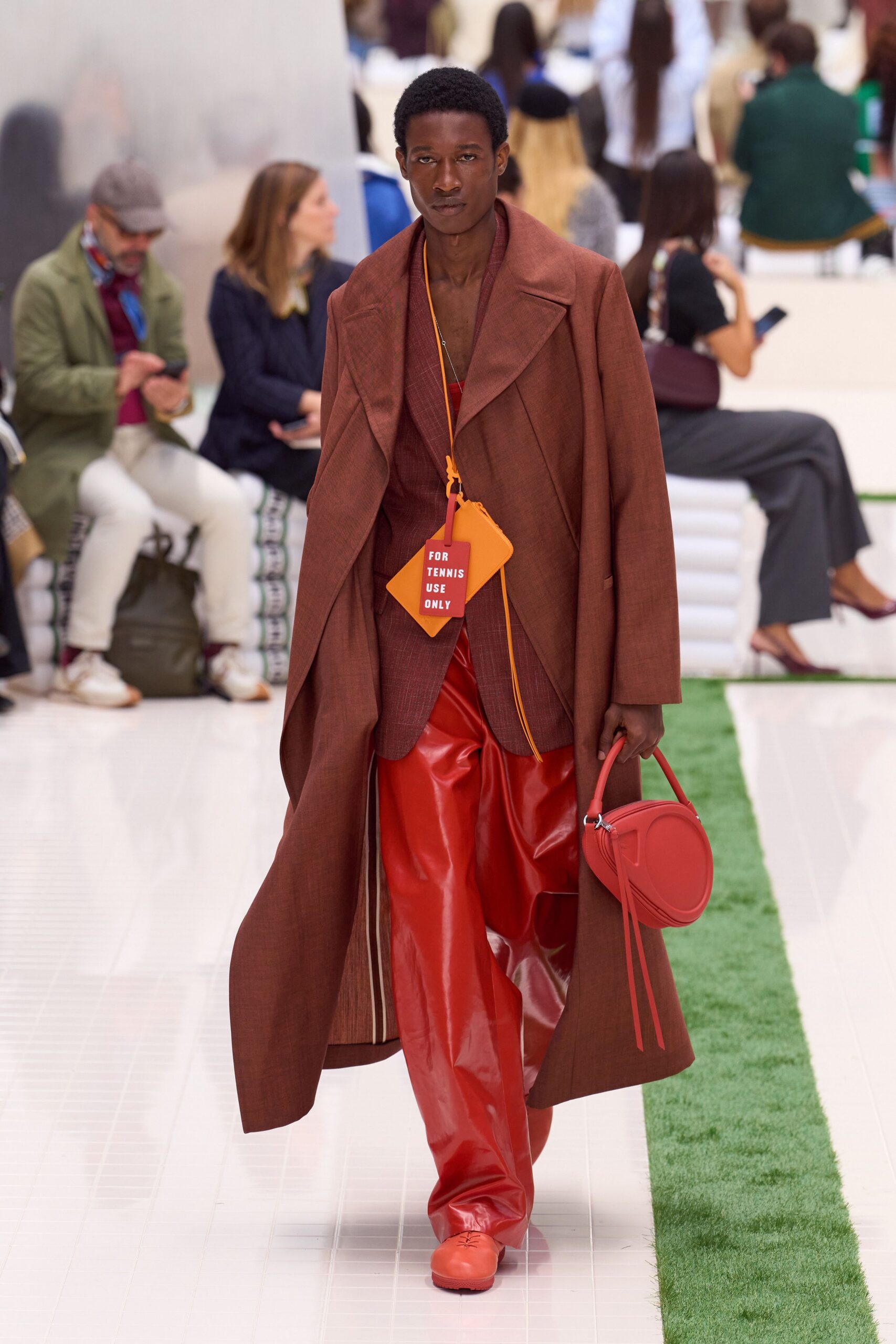 red silk long-sleeve fitted straight-leg pants