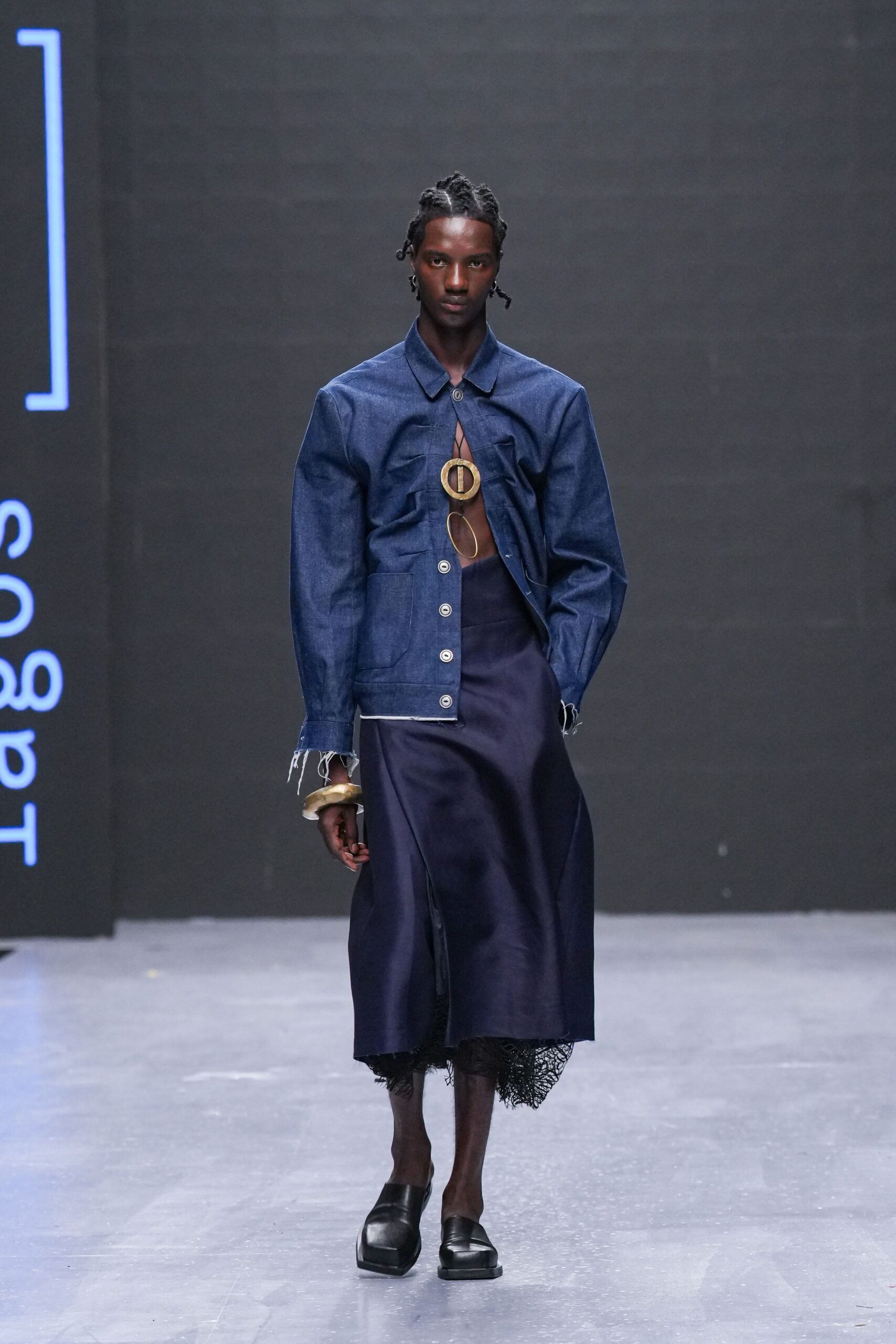 blue denim jacket black midi dress