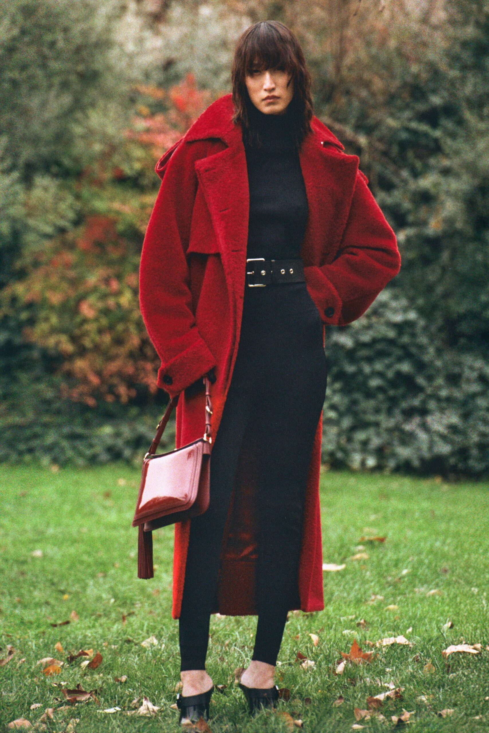 red wool long-sleeve collared oversized belted maxi coat