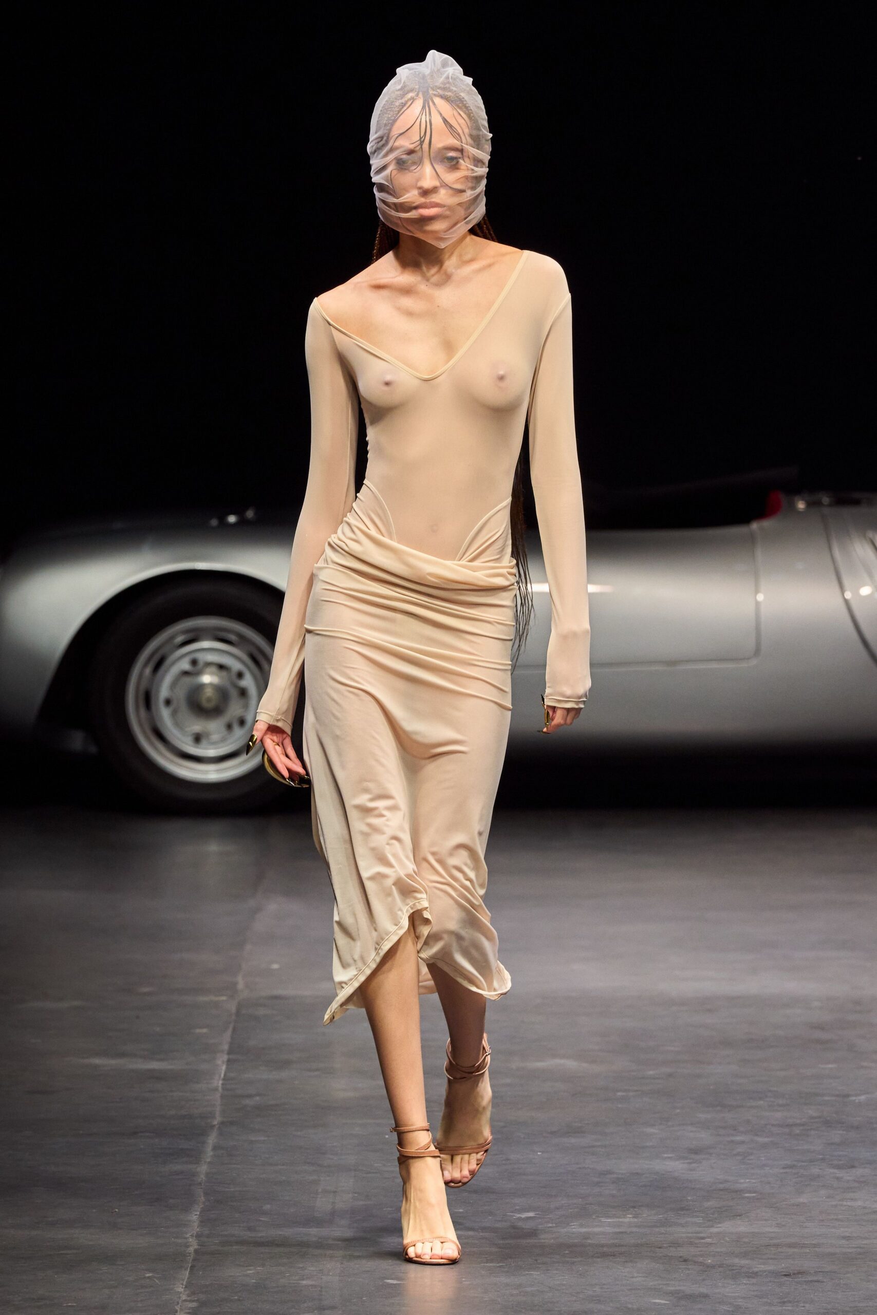 beige silk long-sleeve off-shoulder fitted ruched sheer dress