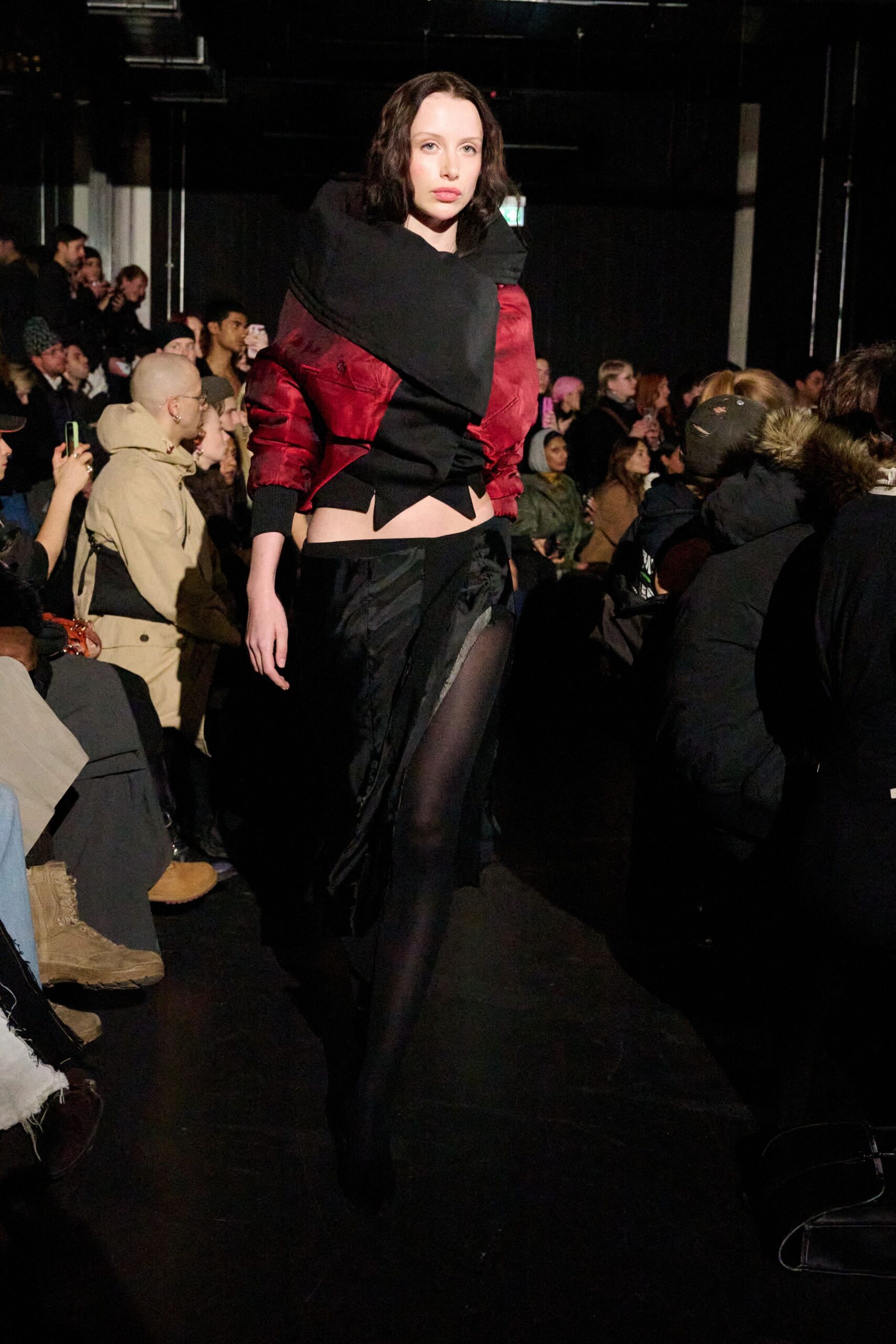 red silk long-sleeve collared fitted jacket
