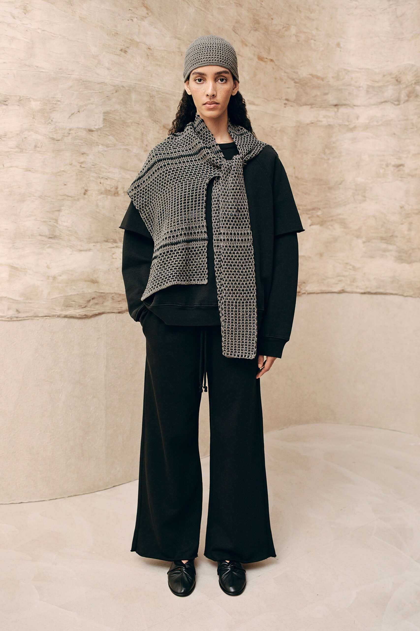black relaxed top with wide-leg pants