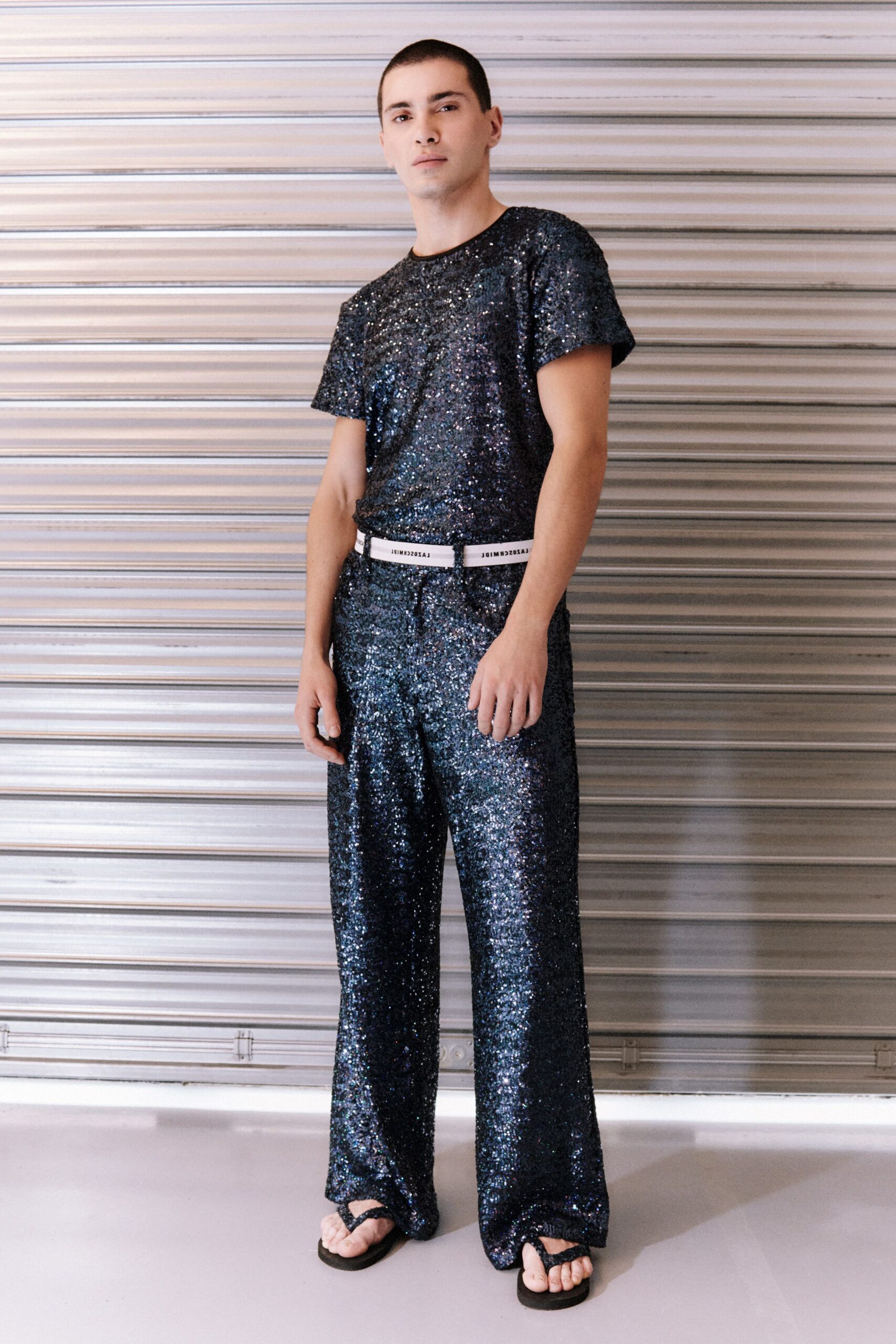 blue sequin short-sleeve collared relaxed shiny top