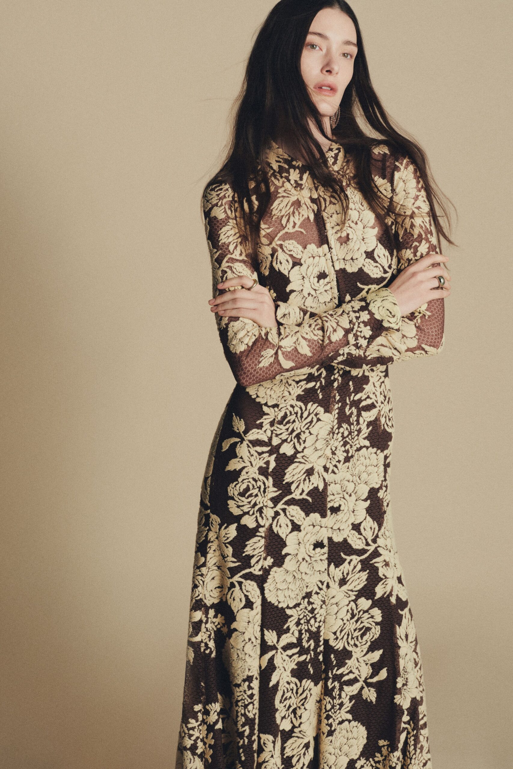 brown gold floral lace dress