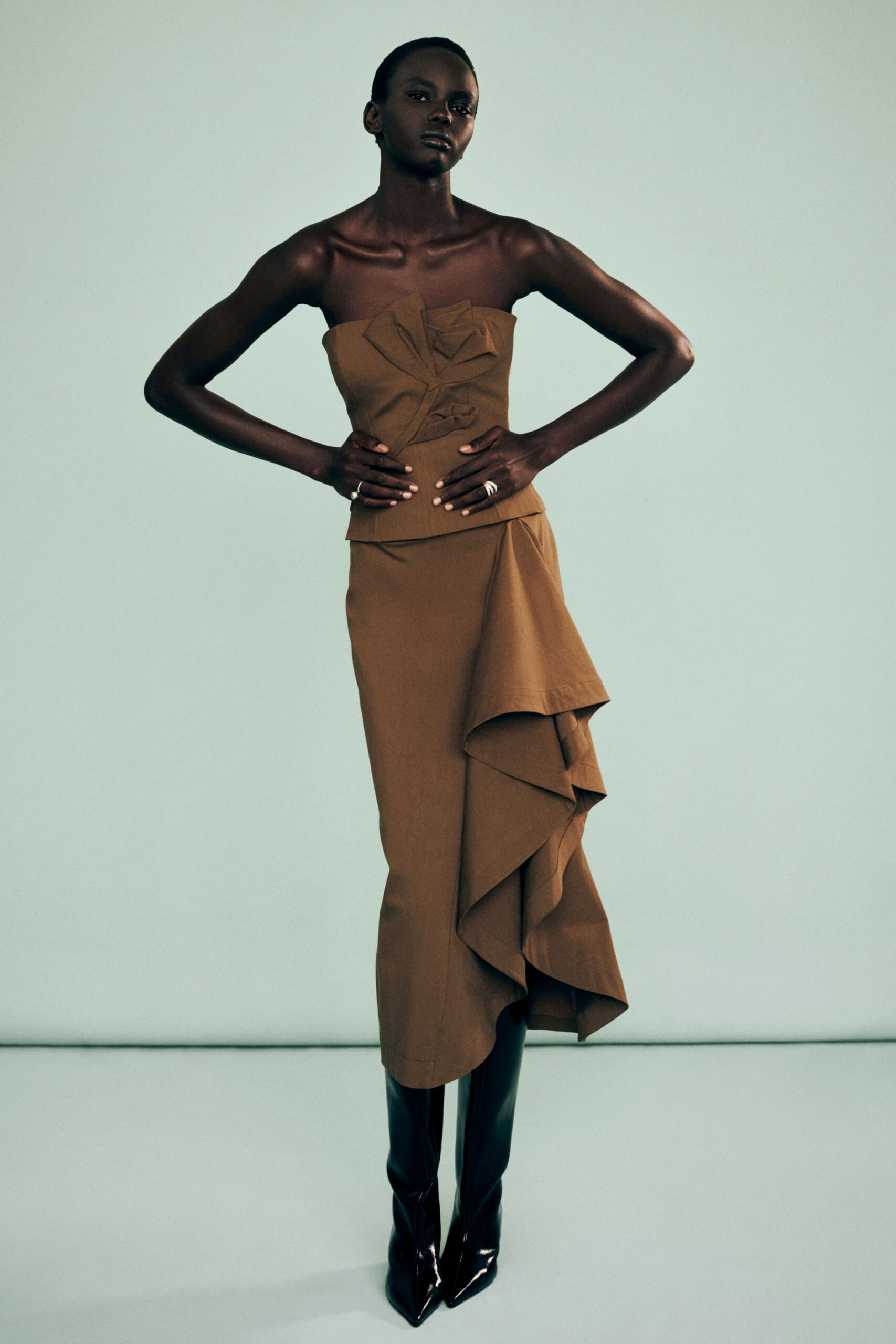 brown cotton strapless fitted ruffled midi gown