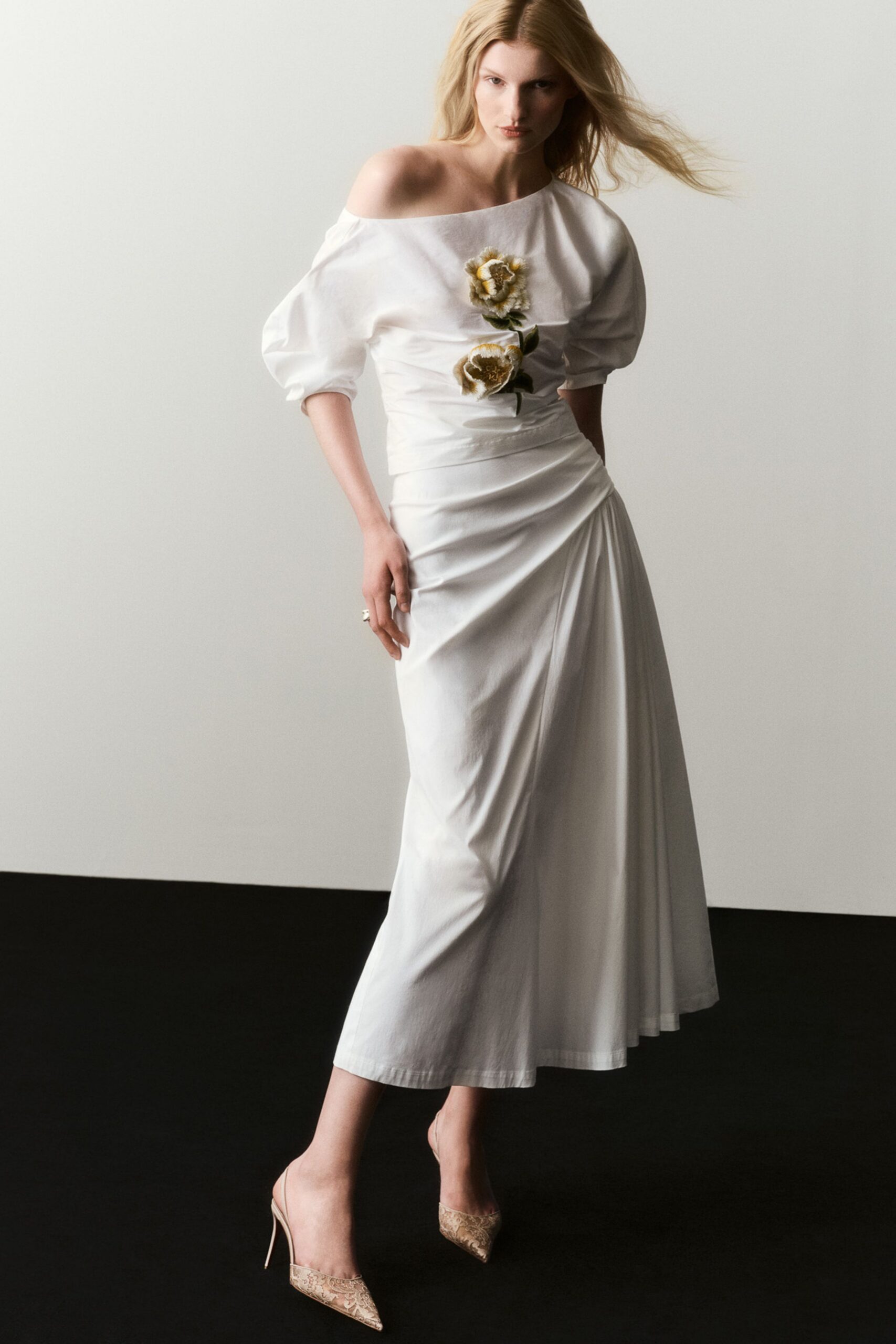 white cotton off-shoulder short-sleeve fitted ruched embroidered dress