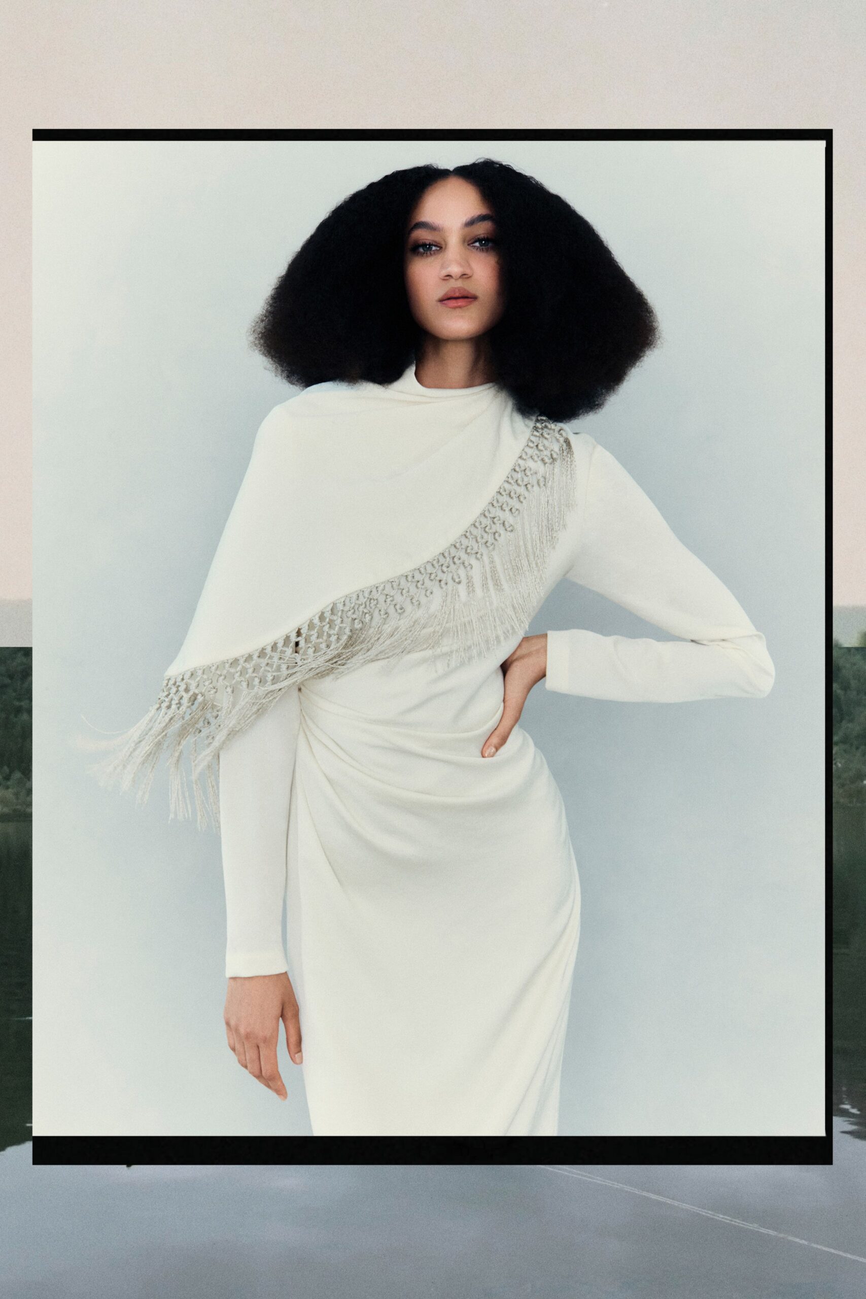 white cotton long-sleeve high-neck fitted draped midi dress