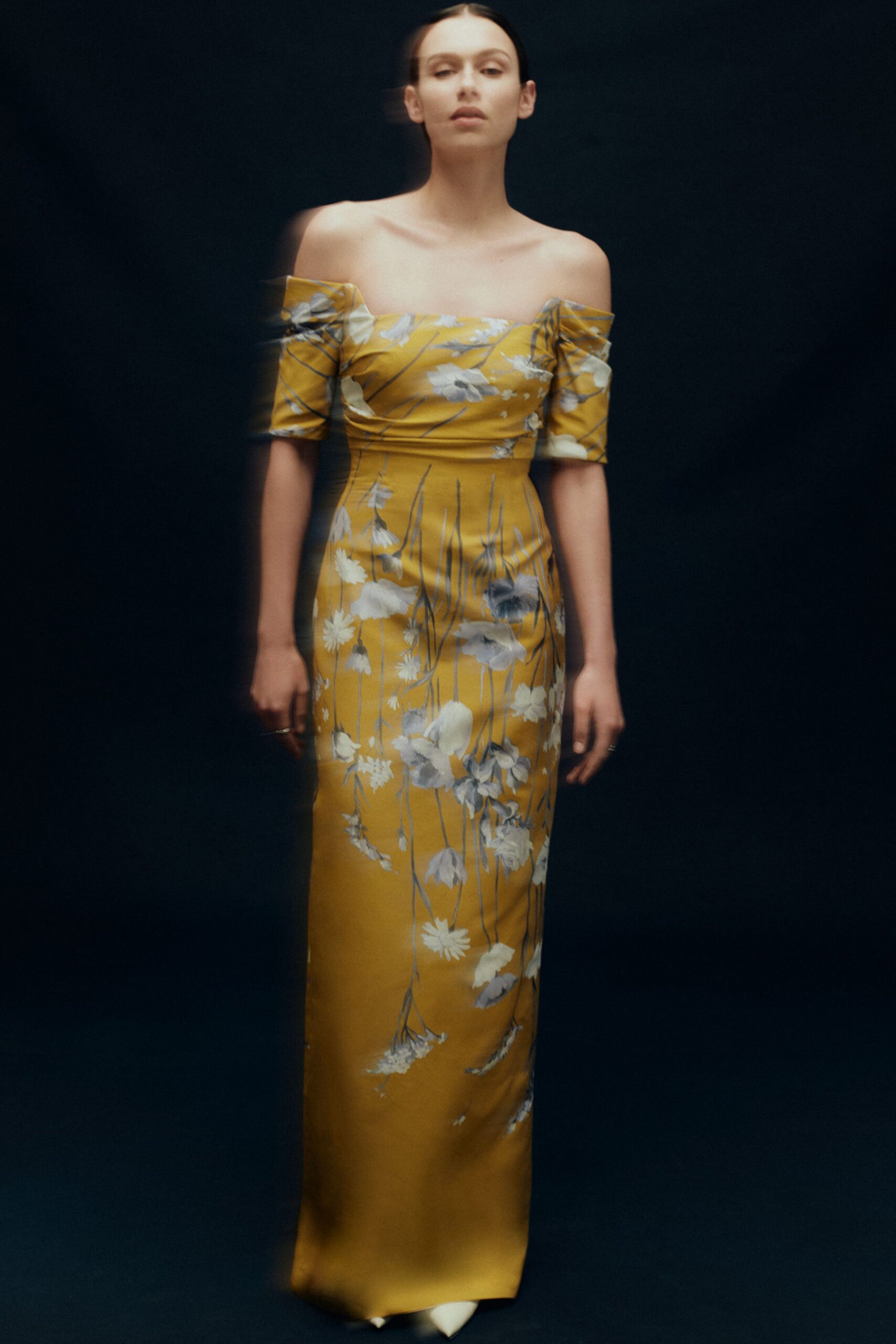 yellow floral off-shoulder gown