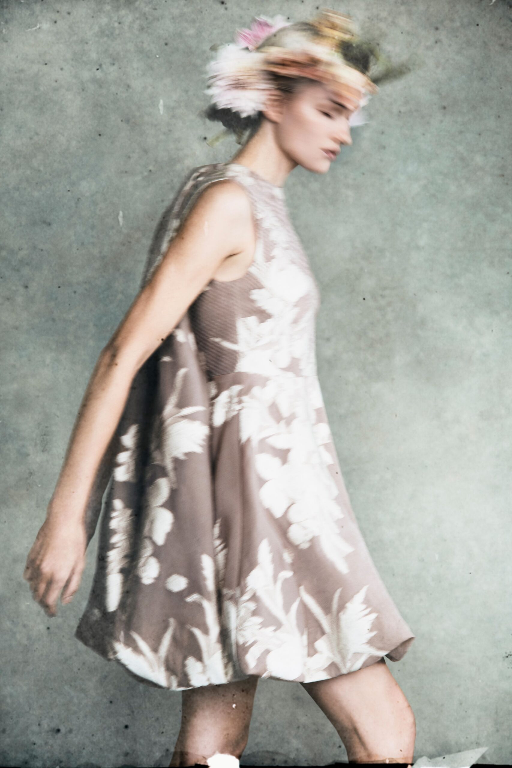 beige floral sleeveless dress