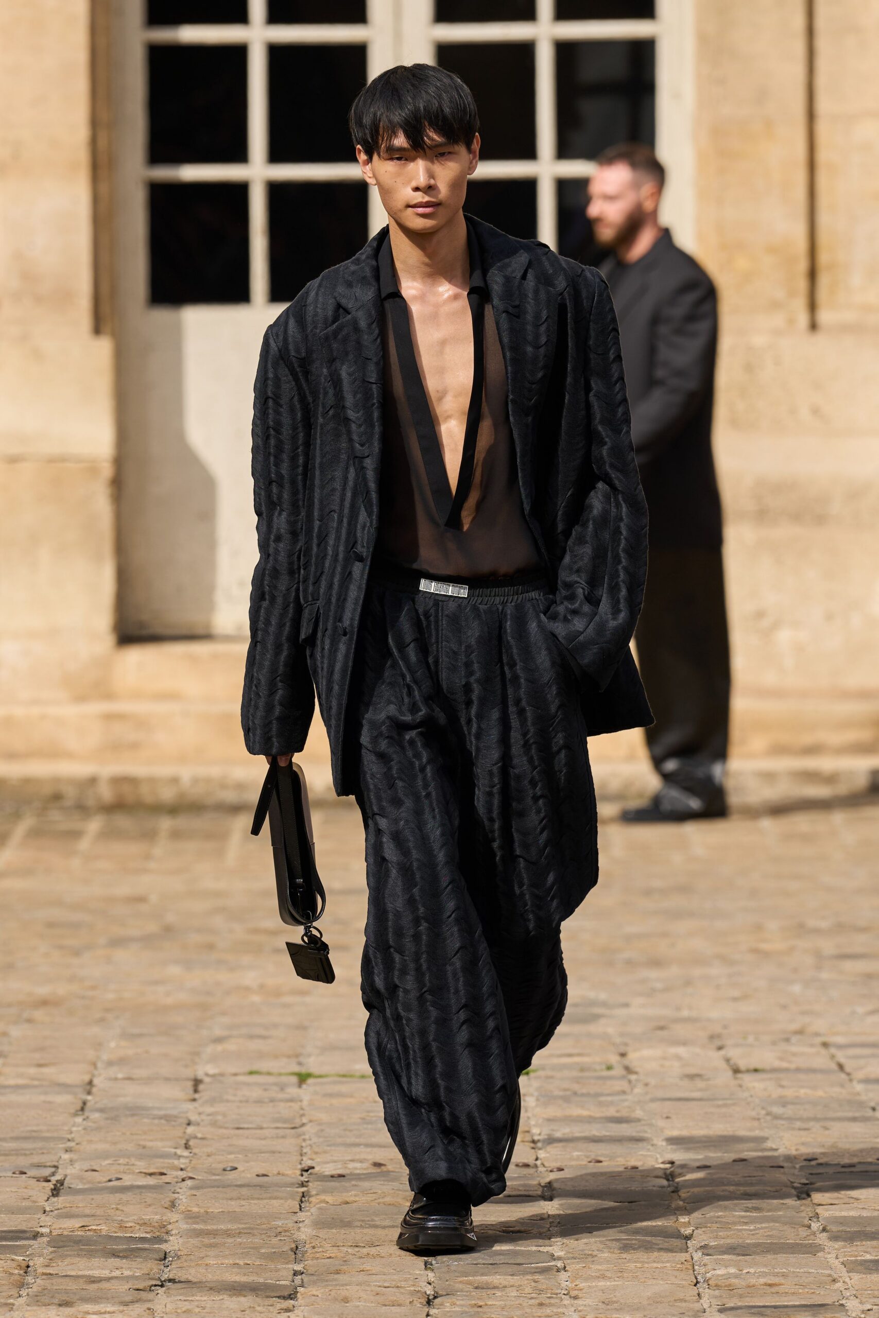 black cotton relaxed wide-leg textured pants