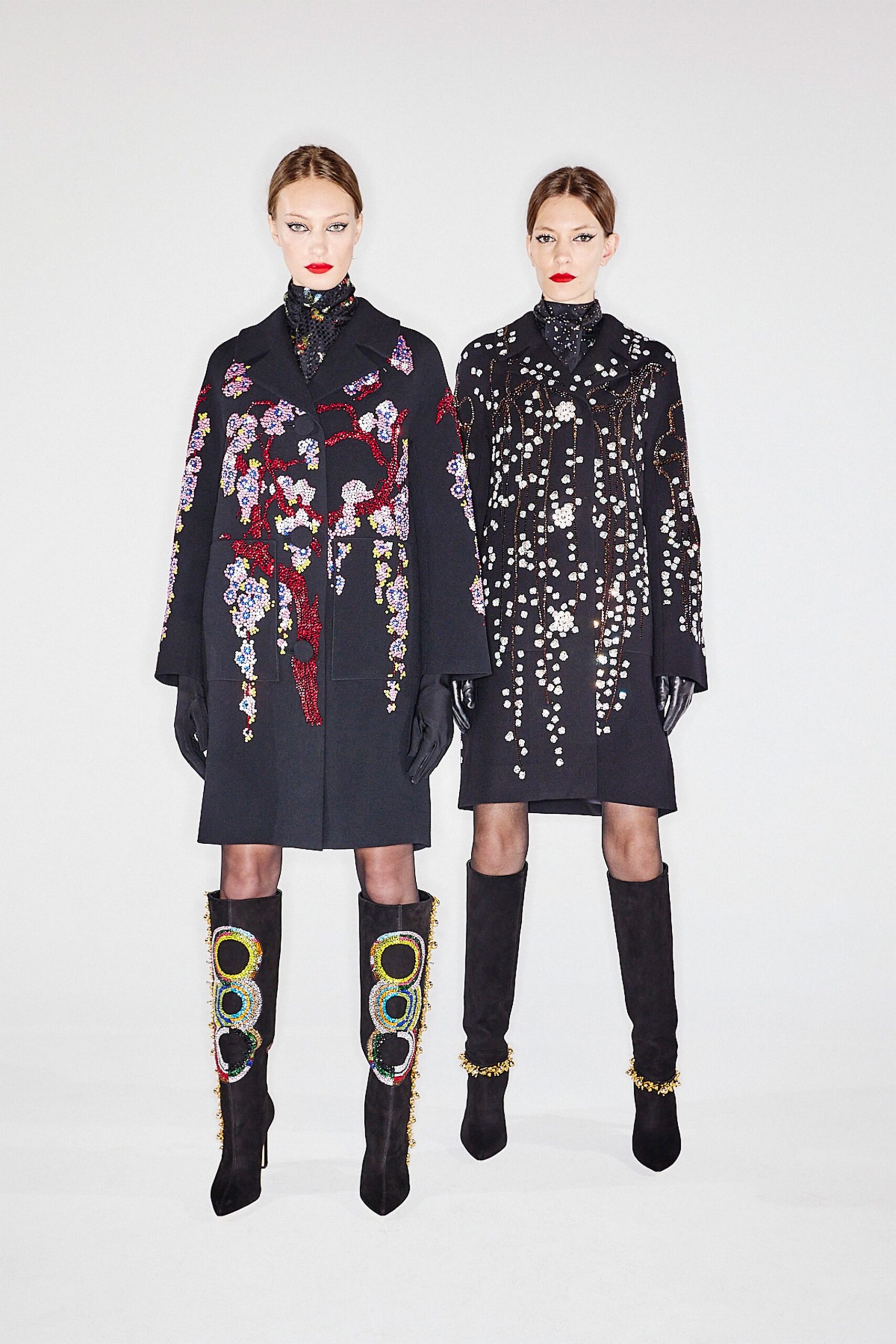 black wool long-sleeve collared relaxed embroidered coat