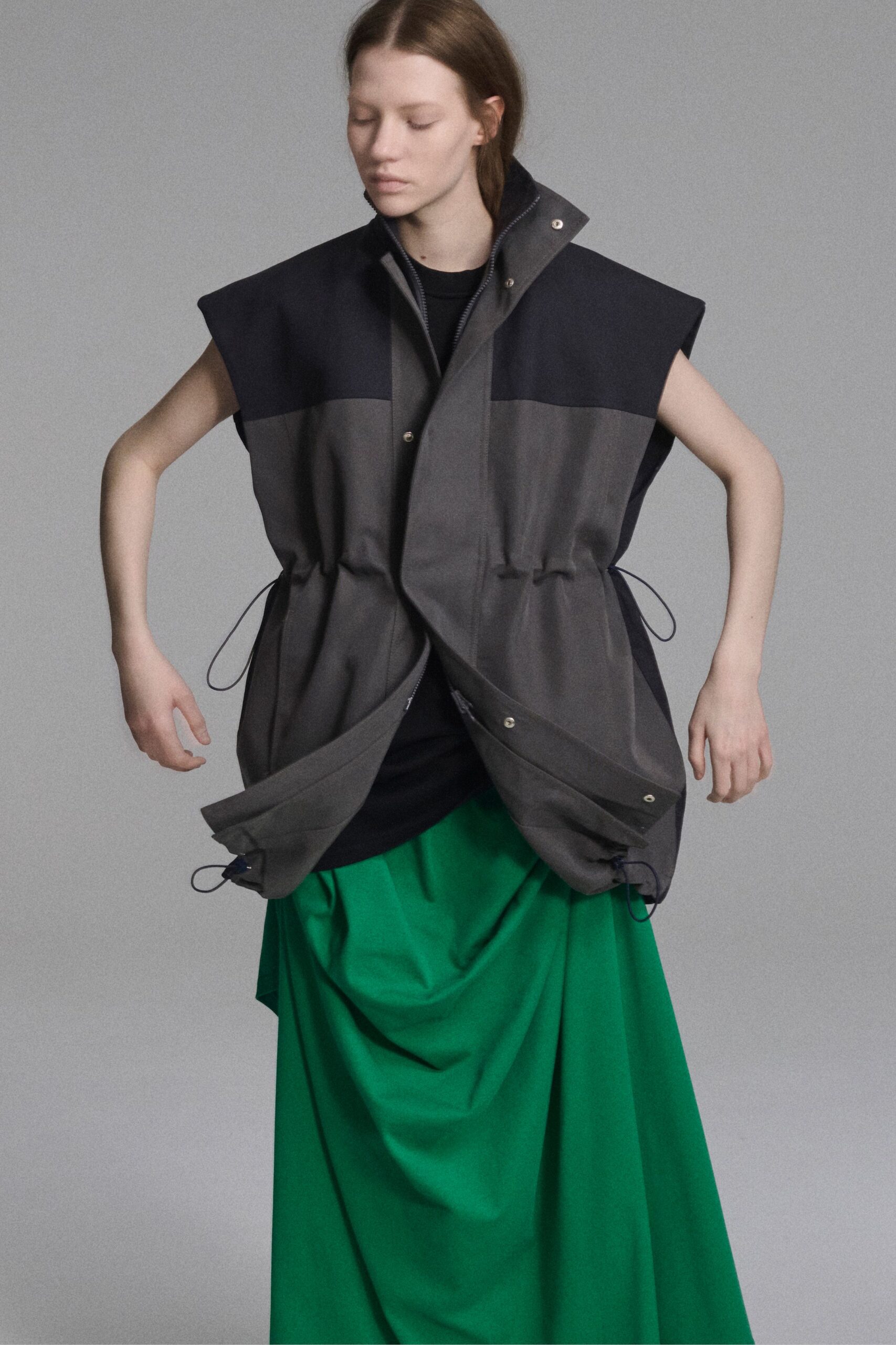 green cotton fitted draped skirt