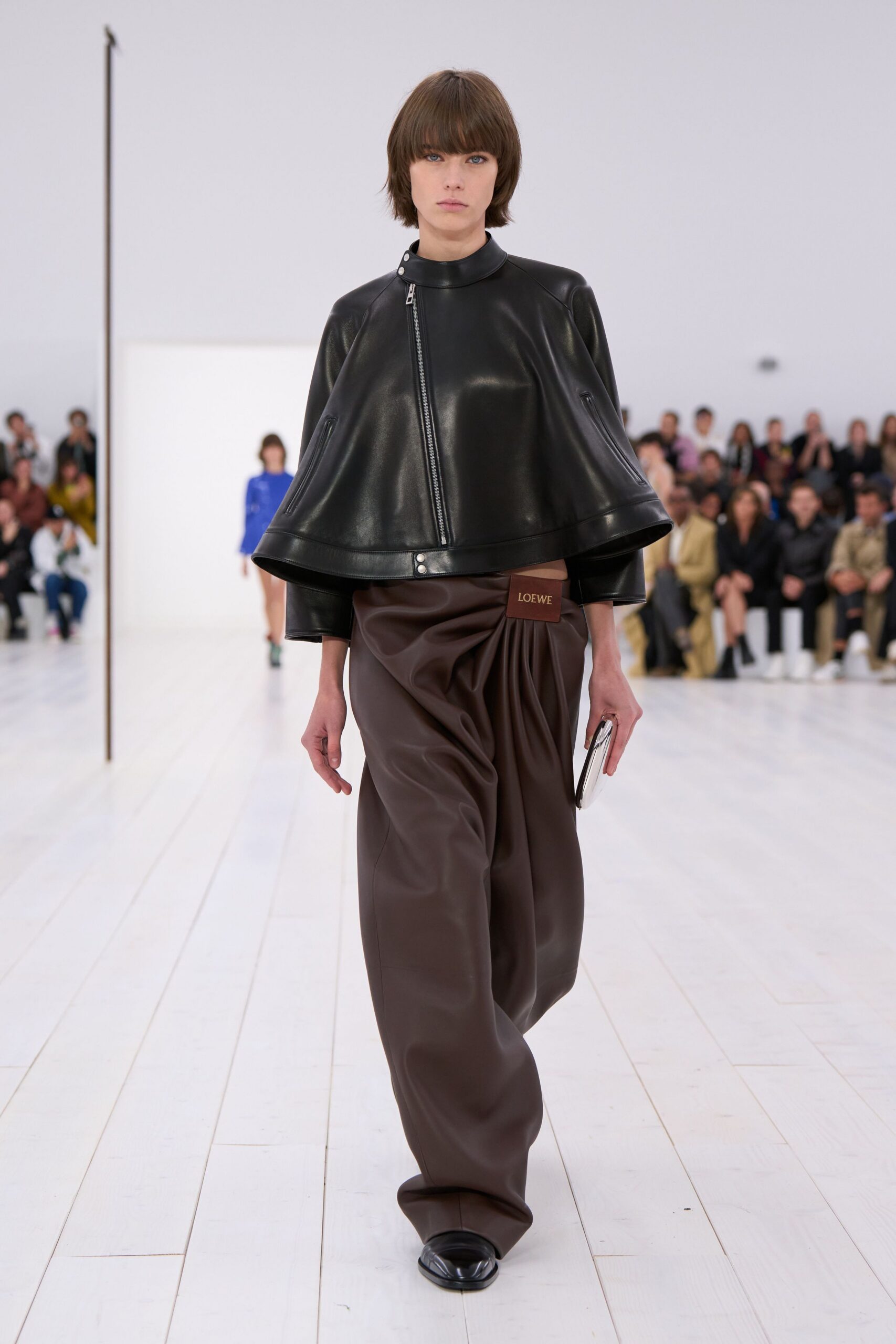 black leather long-sleeve collared fitted jacket