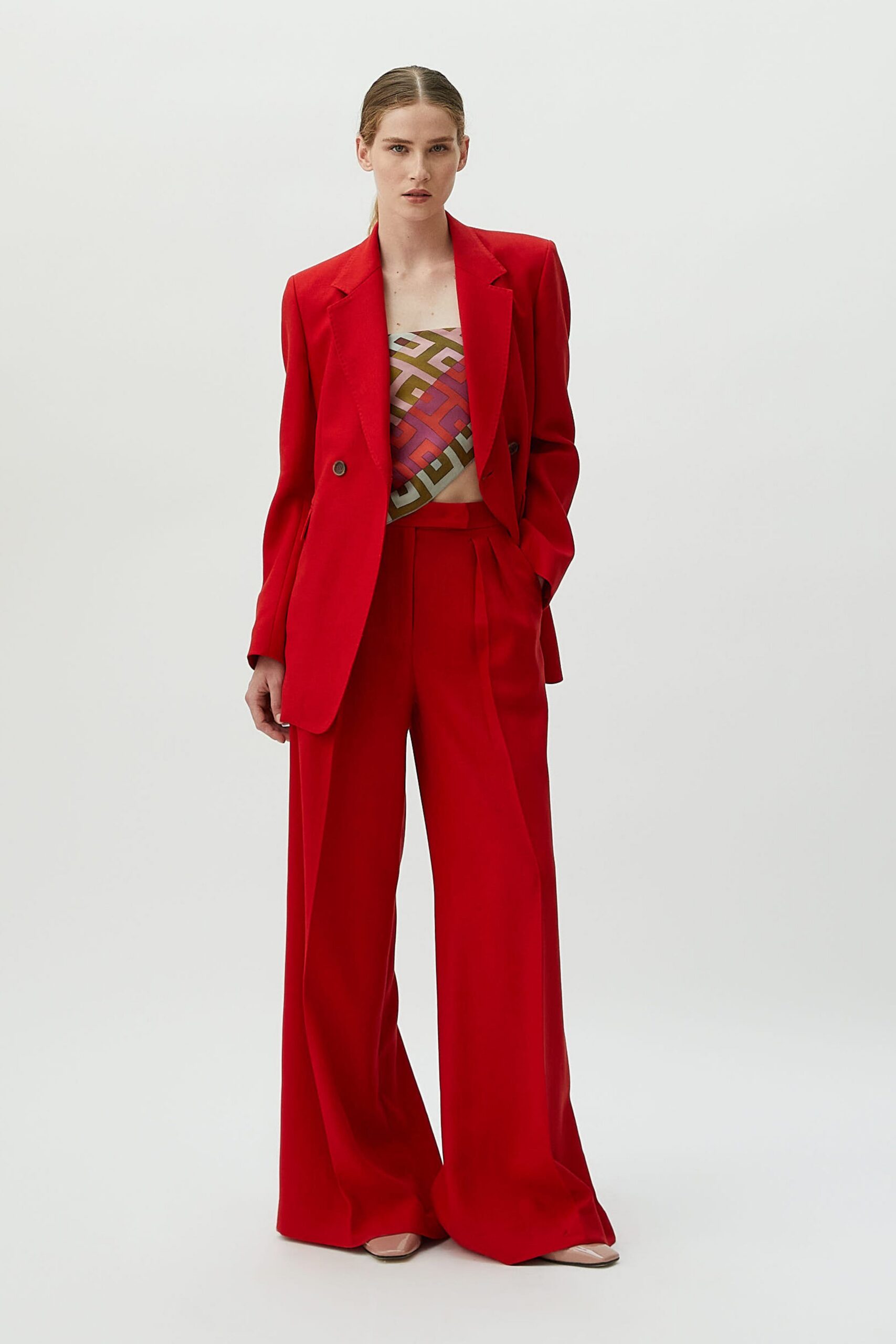 red relaxed wide-leg pleated pants