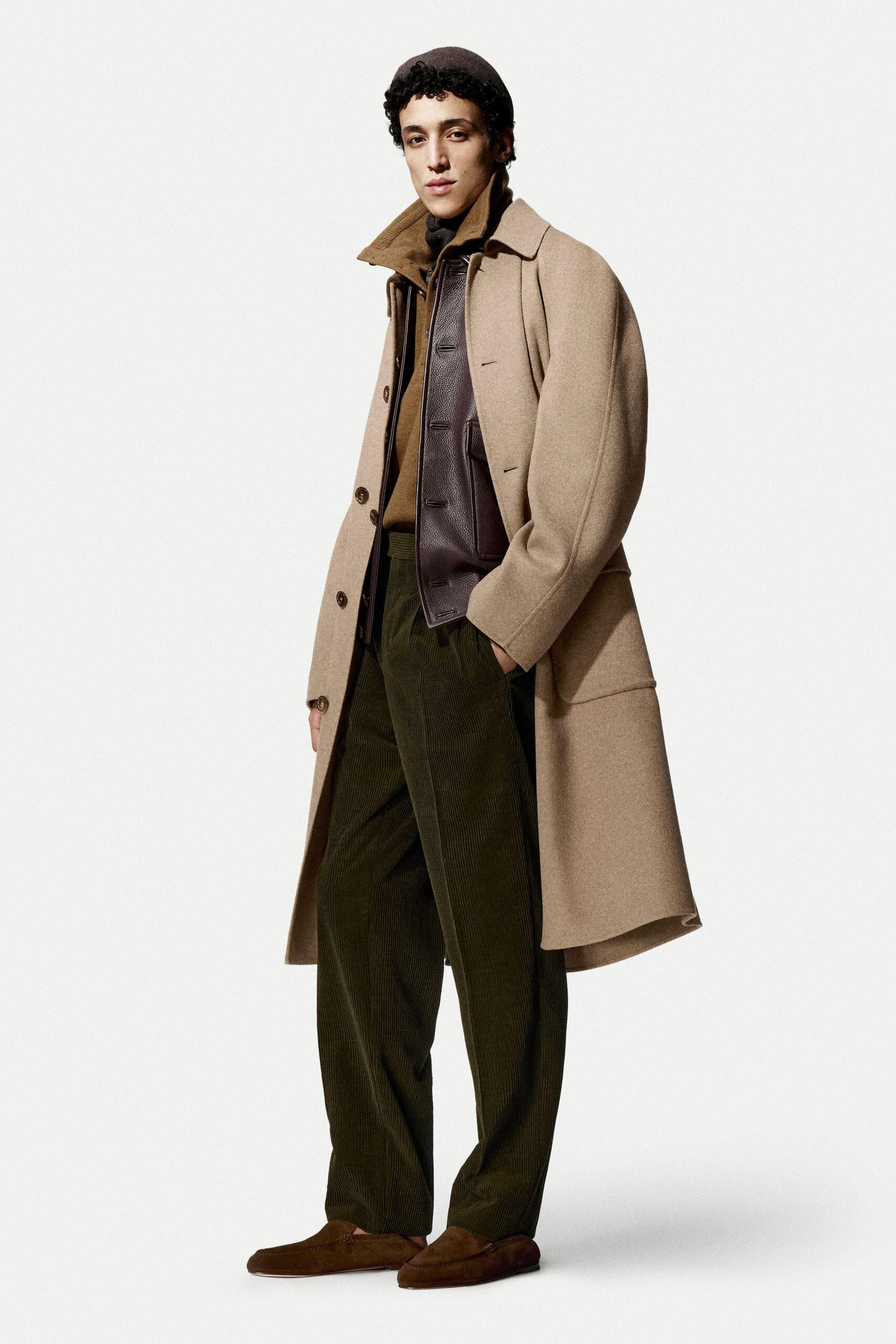 beige wool long-sleeve collared relaxed buttoned coat