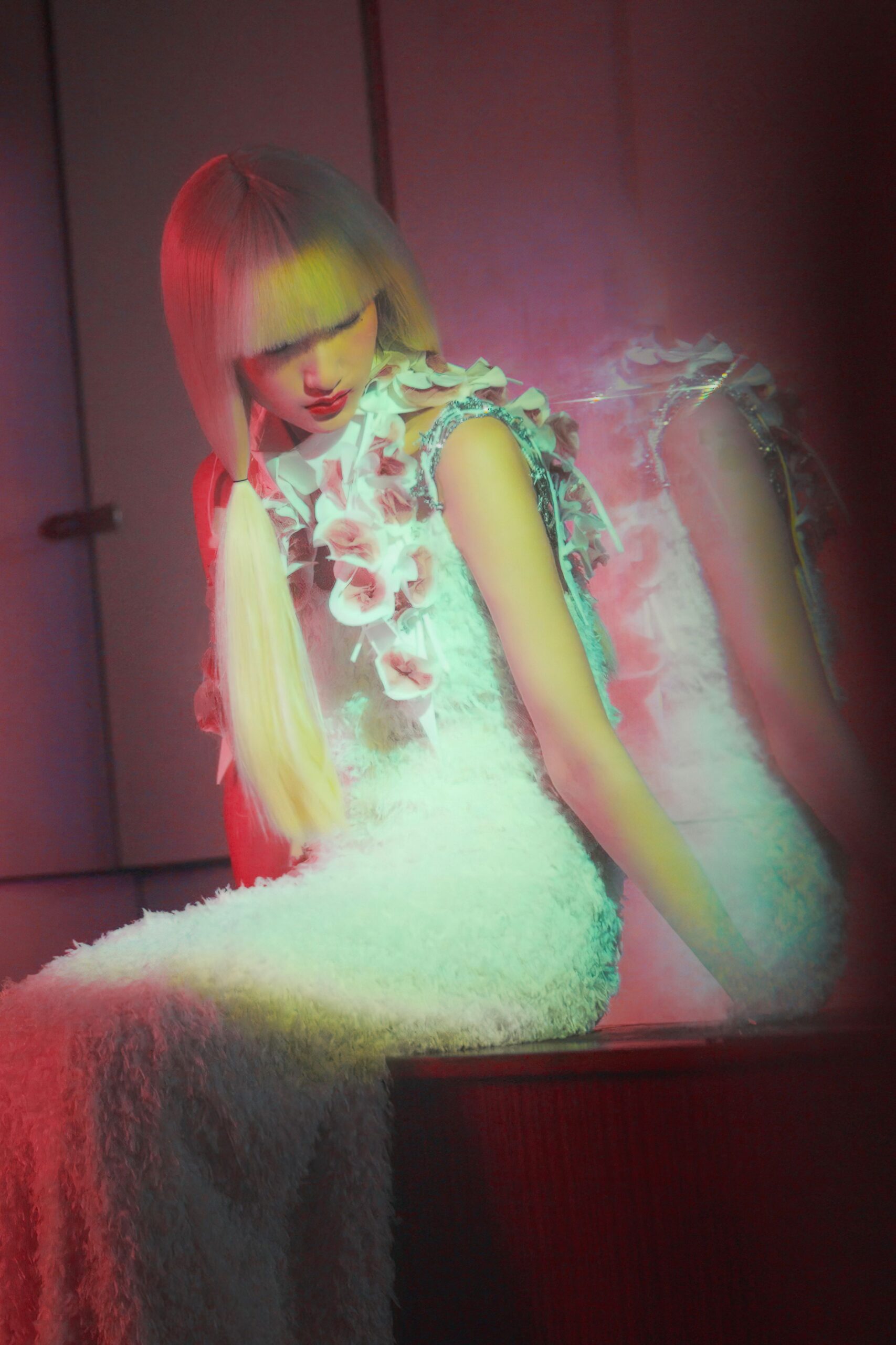 white silk ruffled gown